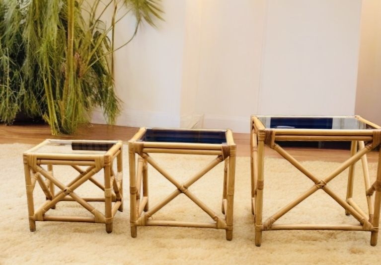 Retro Nest Of Bamboo And Smoked Glass Coffee Tables photo vintage