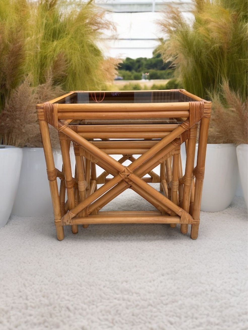 photo furniture Retro Nest Of Bamboo And Smoked Glass Coffee Tables