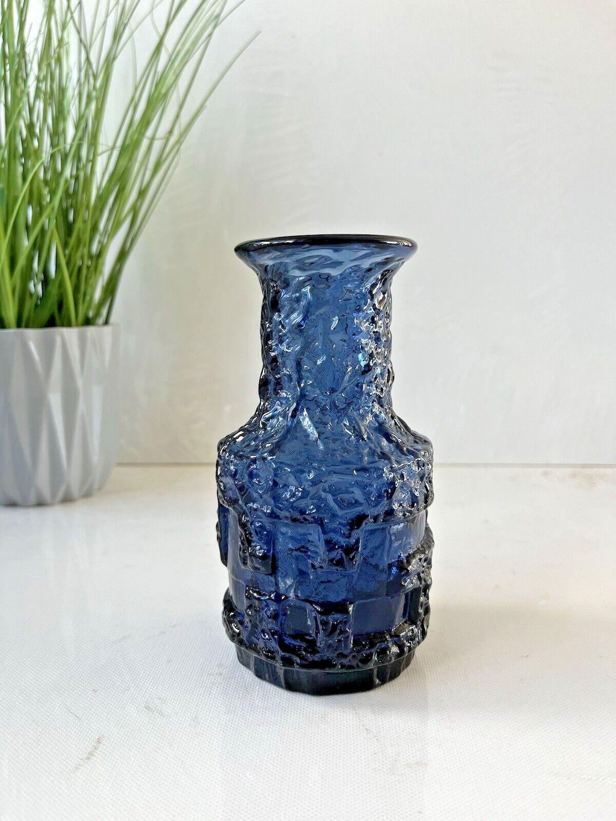 75.0 Mid Century Swedish Ruda Glasbruk Blue Textured 60's Glass Vase Scandi Retro 70s photo