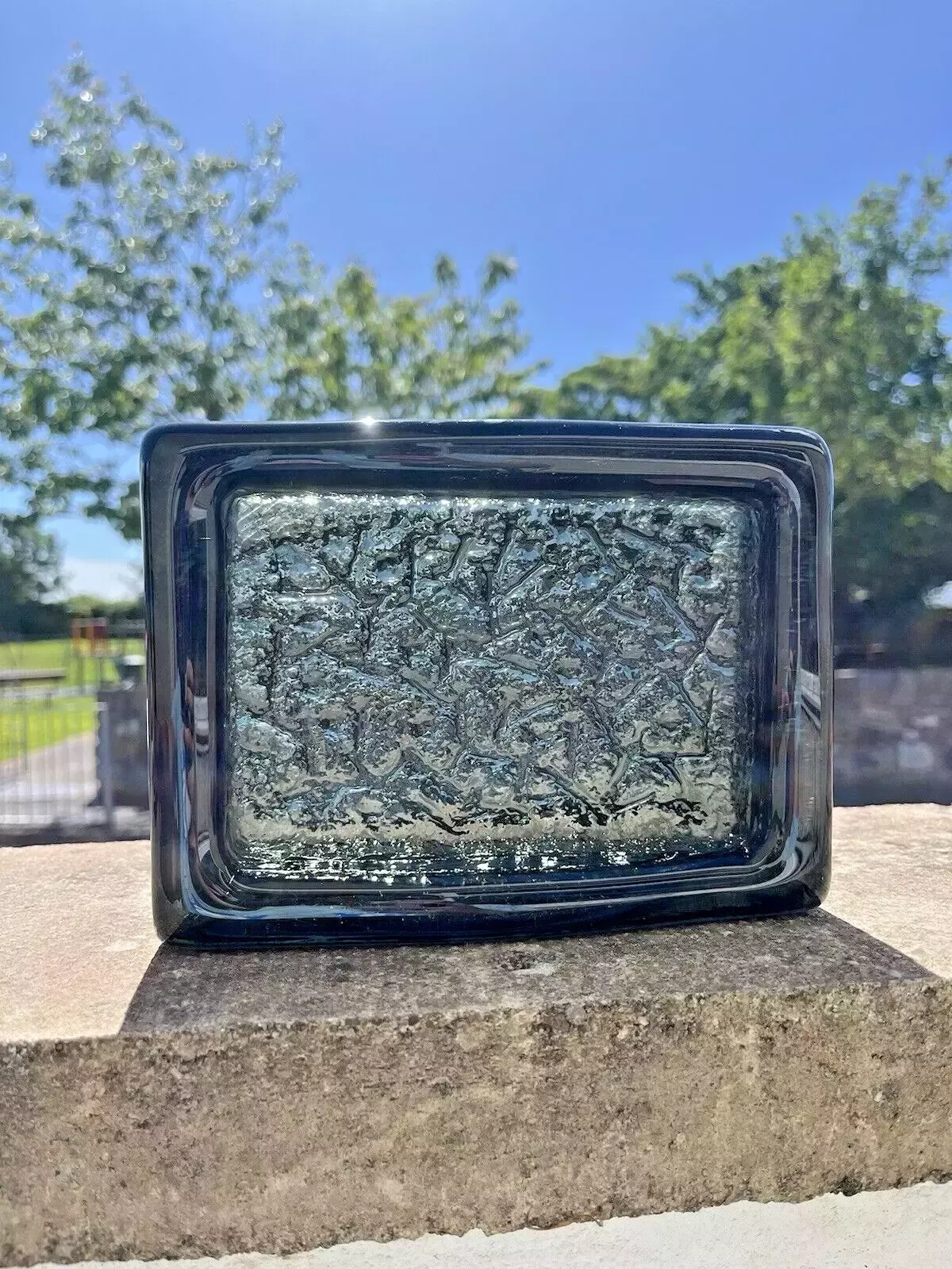 Mid Century Swedish Ruda Glasbruk Abstract Textured 60's Glass Slab Ashtray Dish photo vintage