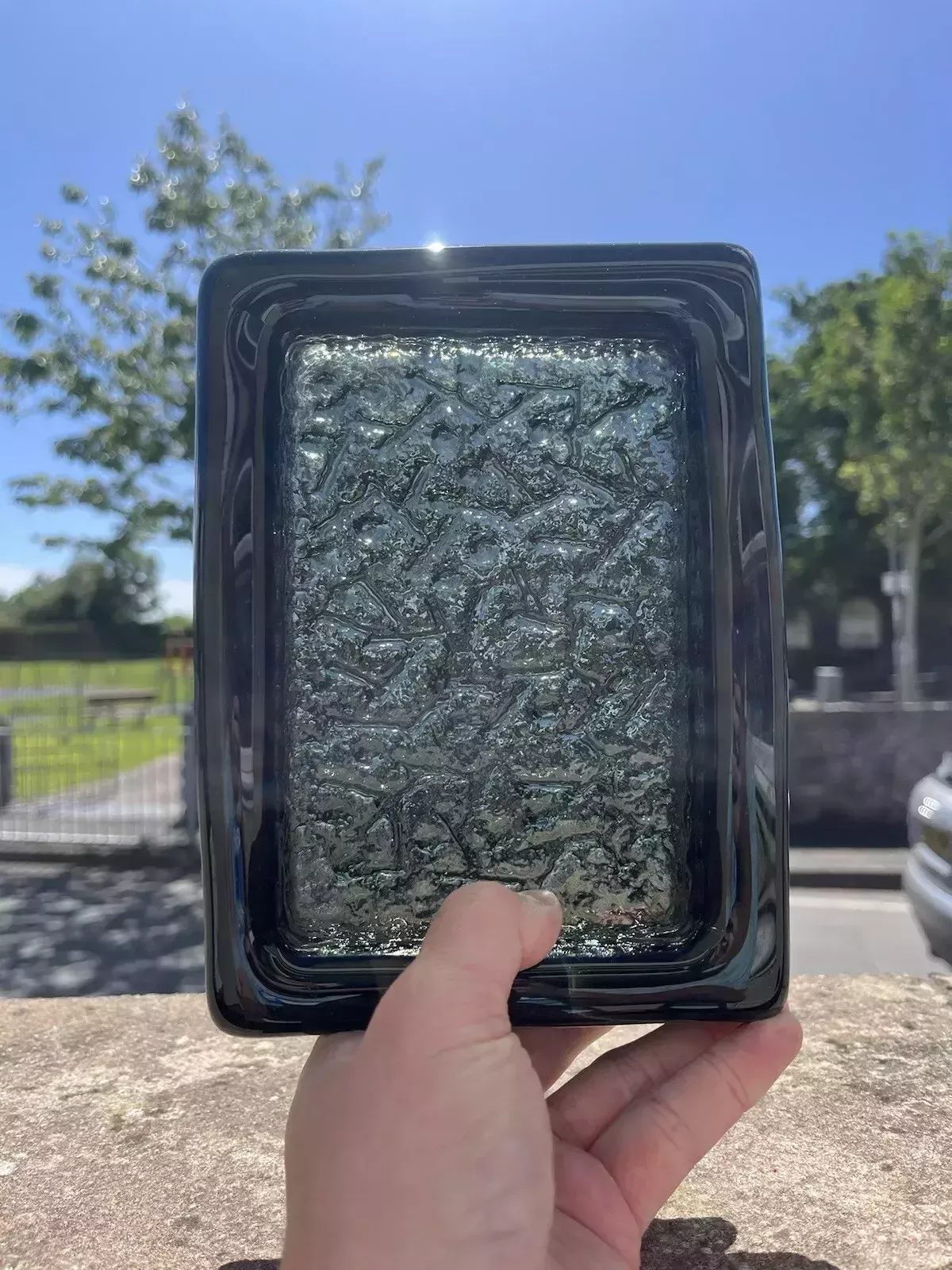 photo furniture Mid Century Swedish Ruda Glasbruk Abstract Textured 60's Glass Slab Ashtray Dish