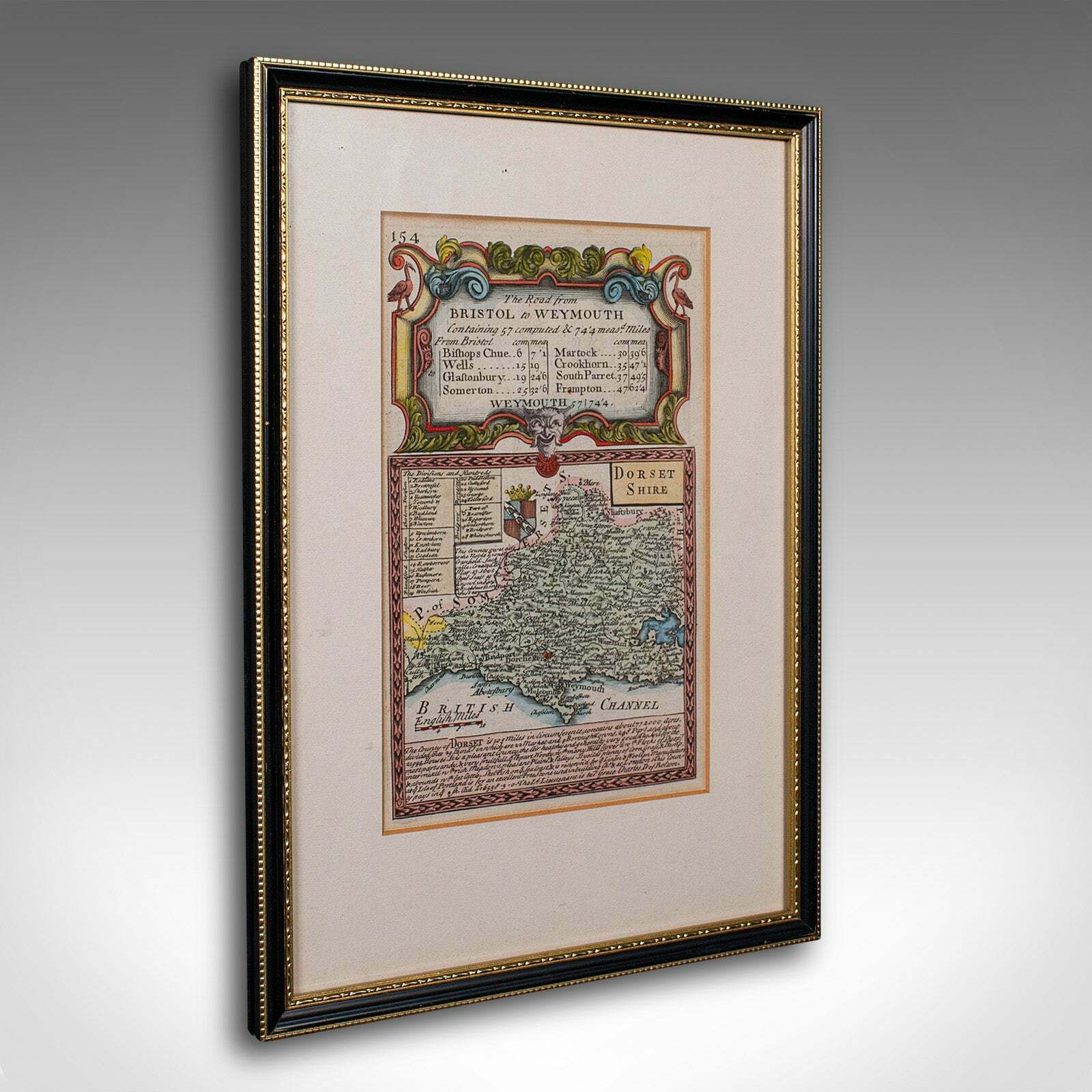 Antique Road Map, Bristol To Weymouth, English, Framed Cartography, Georgian