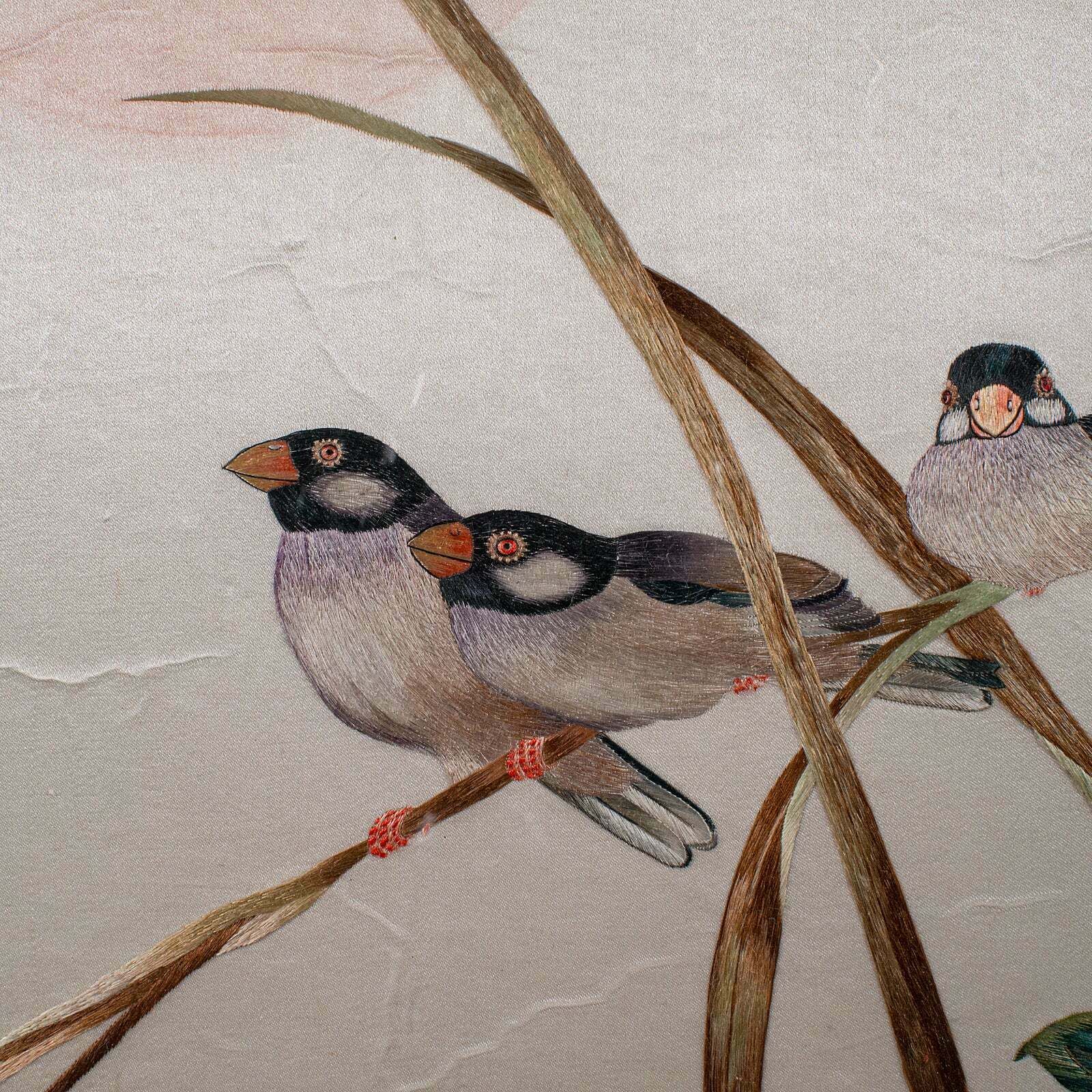 Vintage Wall Panel, Chinese, Silk Cotton, Embroidery, Display, Finch, Art Deco photo vinterior