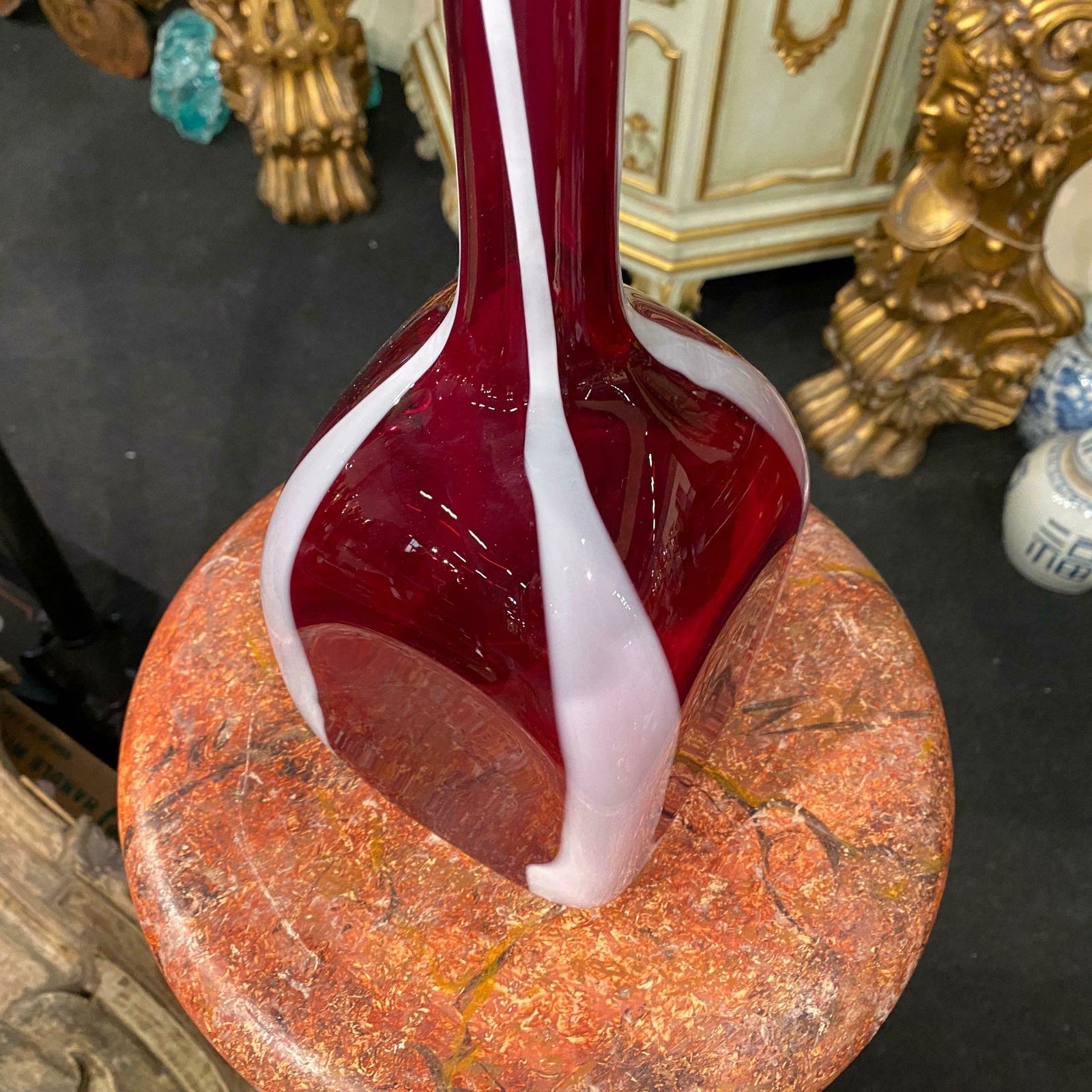 1980s Modernist Red And White Tall Murano Glass Bottle Vase By Carlo Moretti photo Home Decor