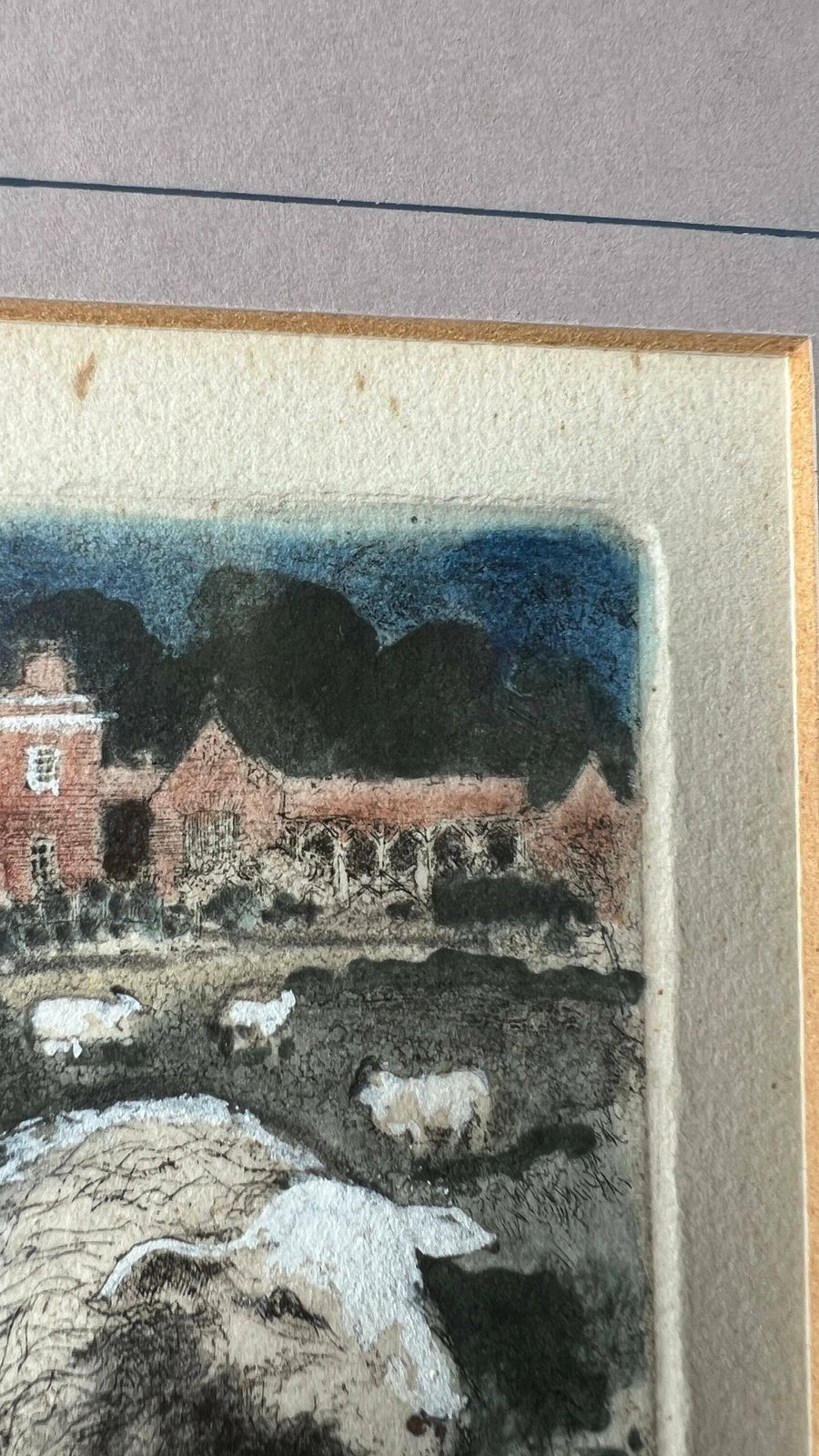 Mid 1900’s Hand Pulled And Coloured Engraving Picture Depicting Sheep And Farmhouse photo buy
