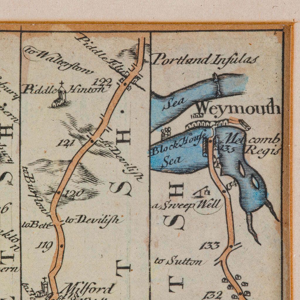 Antique Coaching Road Map Cranborne To Dorchester, Framed Cartography, Victorian photo vintage