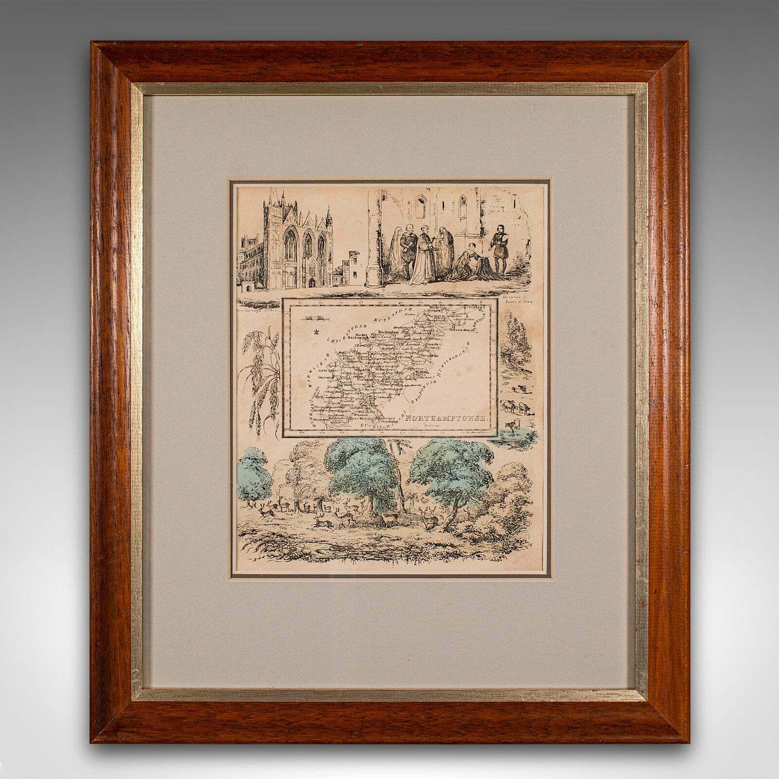 Small Antique County Map, Northamptonshire, English, Framed, Cartography, C.1850 photo furniture