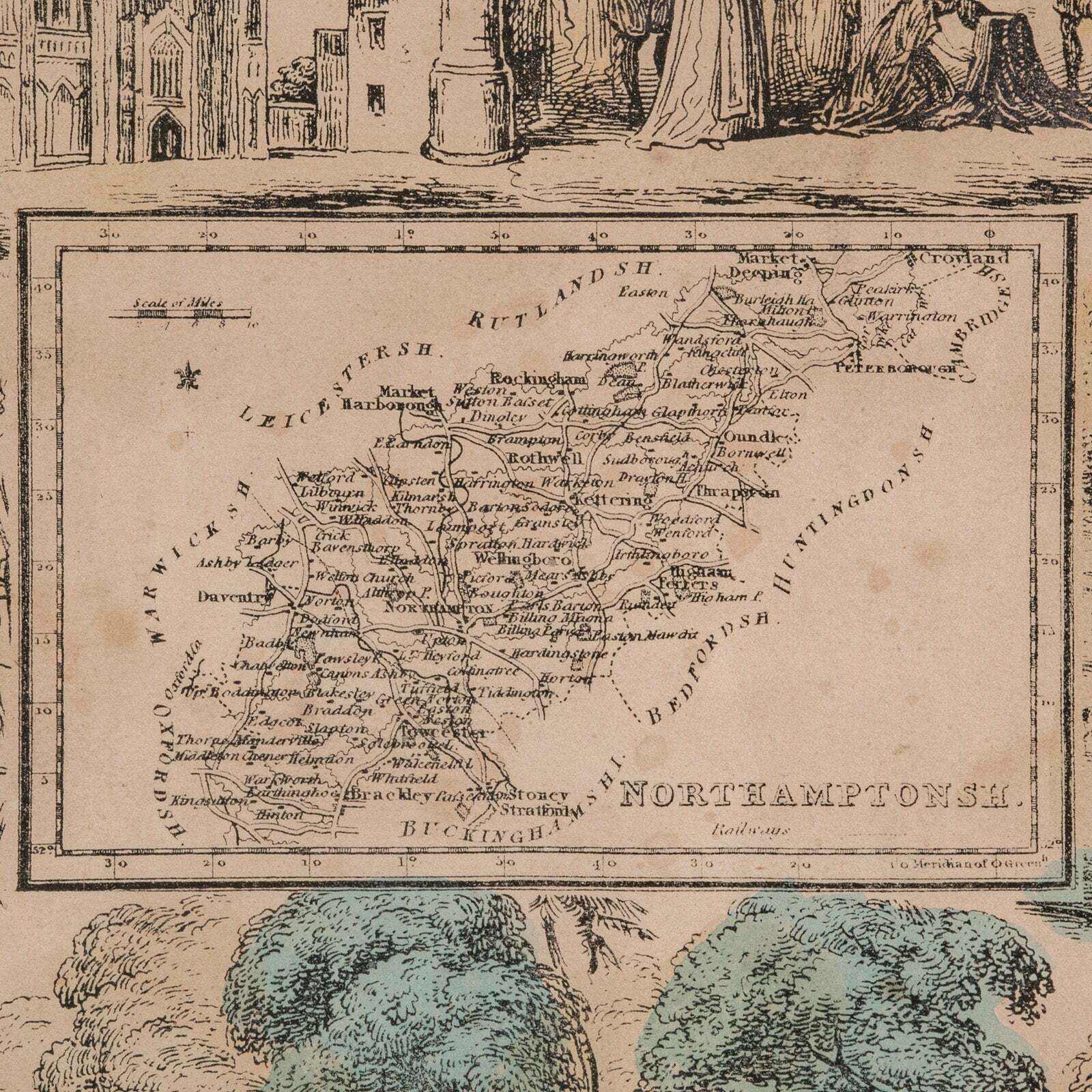 Small Antique County Map, Northamptonshire, English, Framed, Cartography, C.1850 photo vinterior