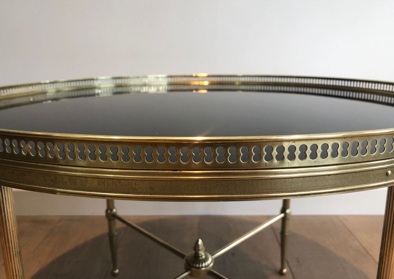 Round Coffee Table In Brass And Black Lacquered Glass Top By Maison Jansen photo 2250.0