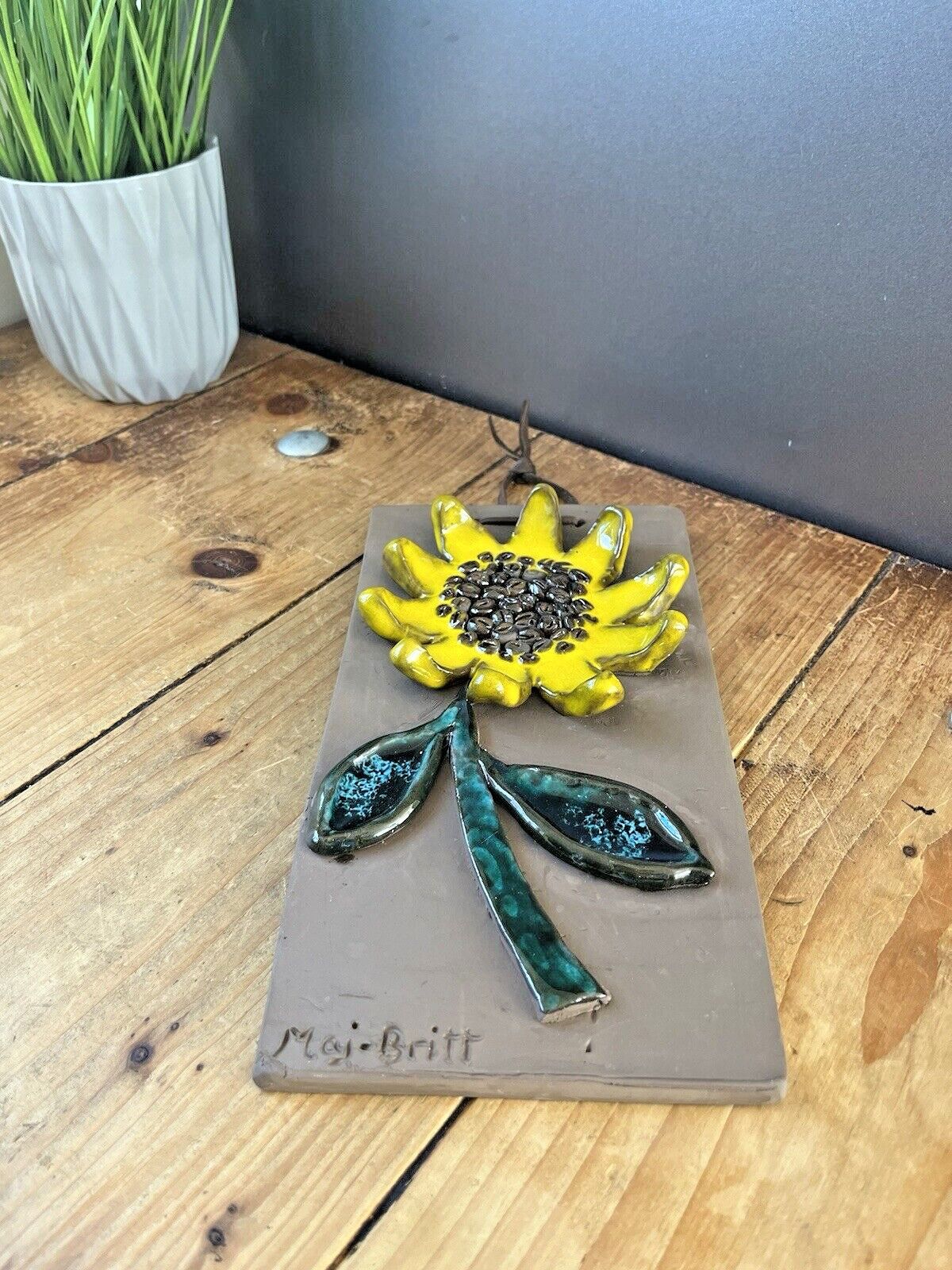 photo for sale Mid Century Swedish Maj Britt Sunflower Wall Art Tile Plaque 60's Vintage 70's