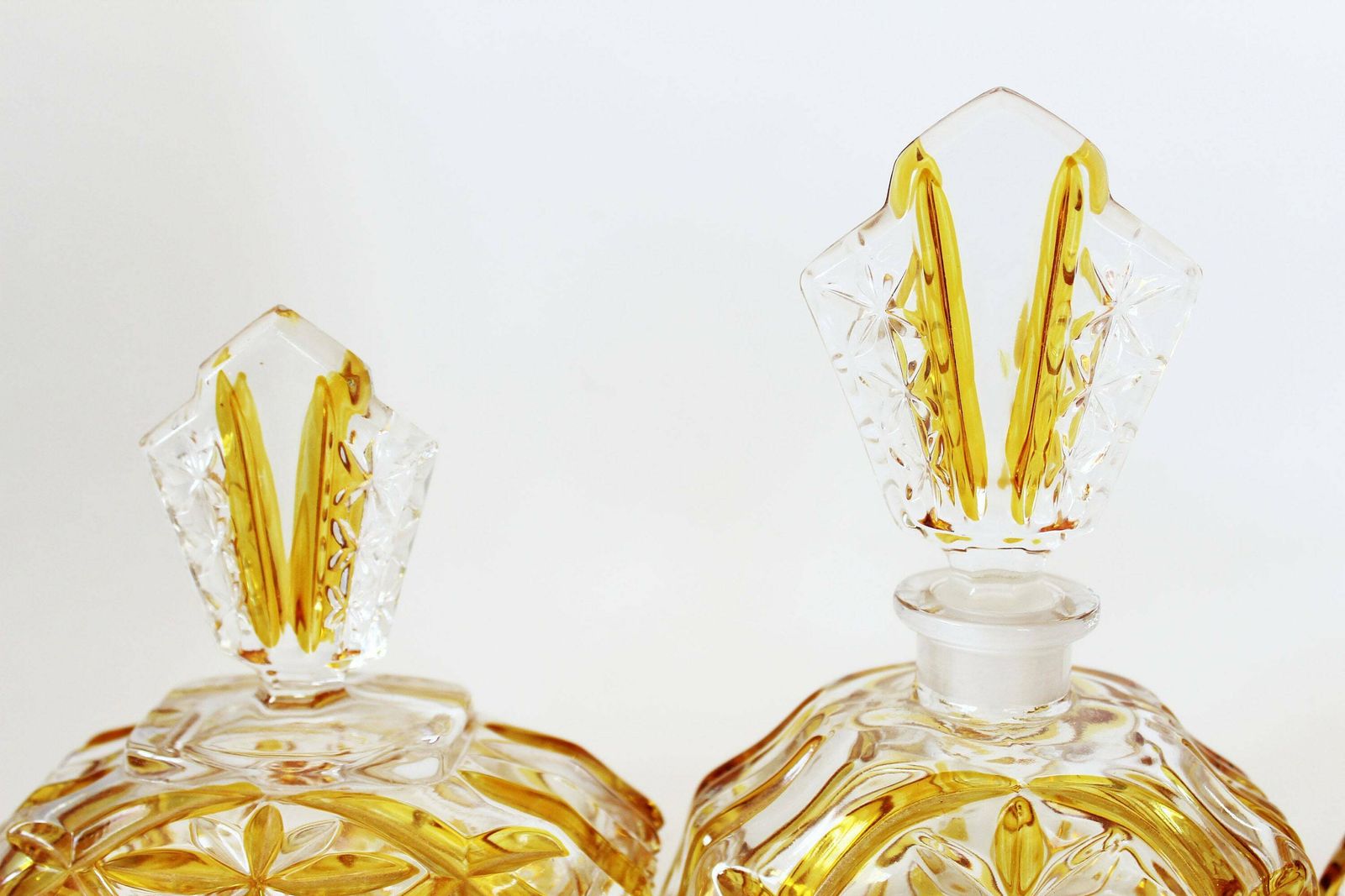 Set Of 3 Piece Art Deco Crystal Perfume Box And Atomiser Amber Glass Lidded Bohemian Glass Czechoslovakia Kristal Pressed Glass photo for sale