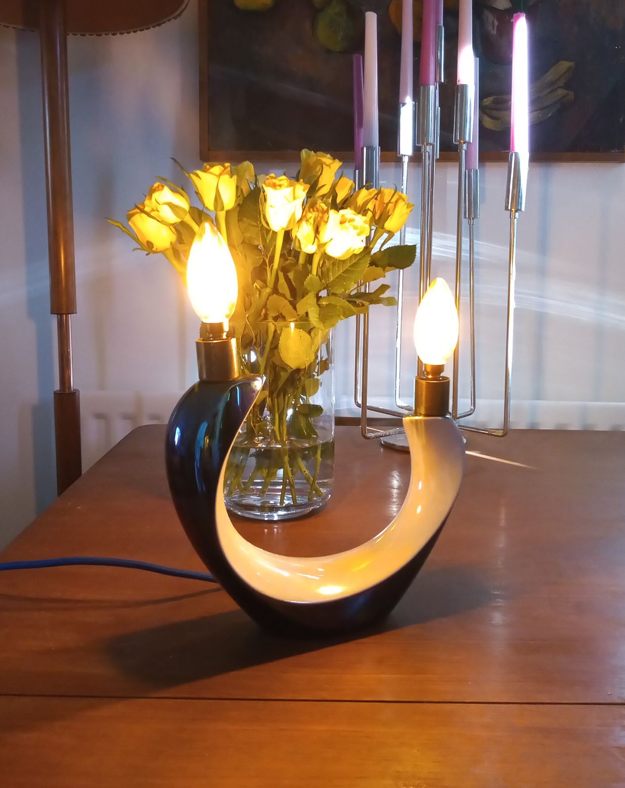 1960s Rare Verceram Ceramique French Iridescent Blue Black And Pearl Glazed Candle Table Lamp photo 150.0