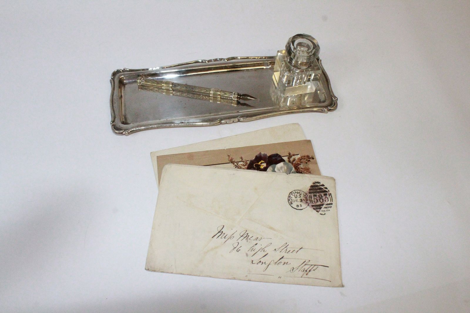 photo for sale Antique Dip Pen And Pencil With Inkwell, Tray And Letter.