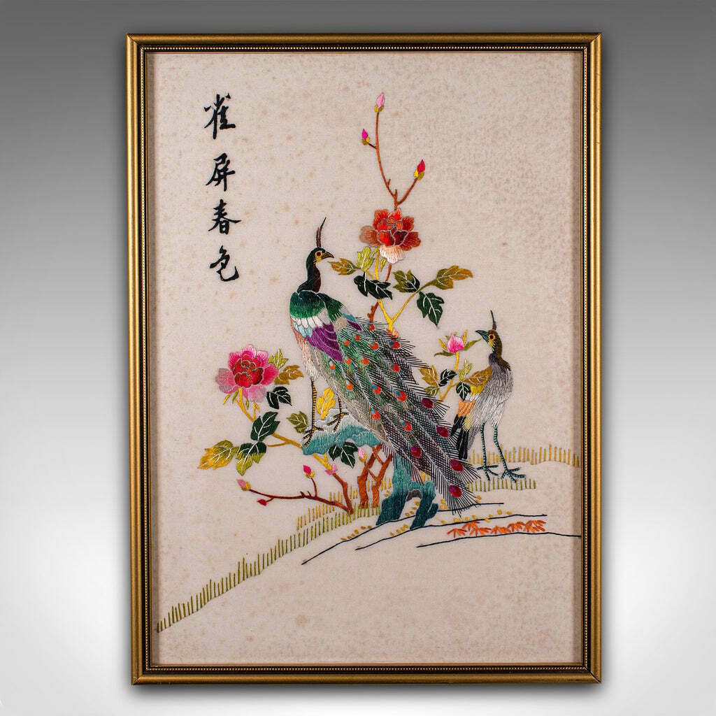 Vintage Peacock Display Panel, Korean, Framed, Silk Cotton, Embroidery, Art Deco photo furniture