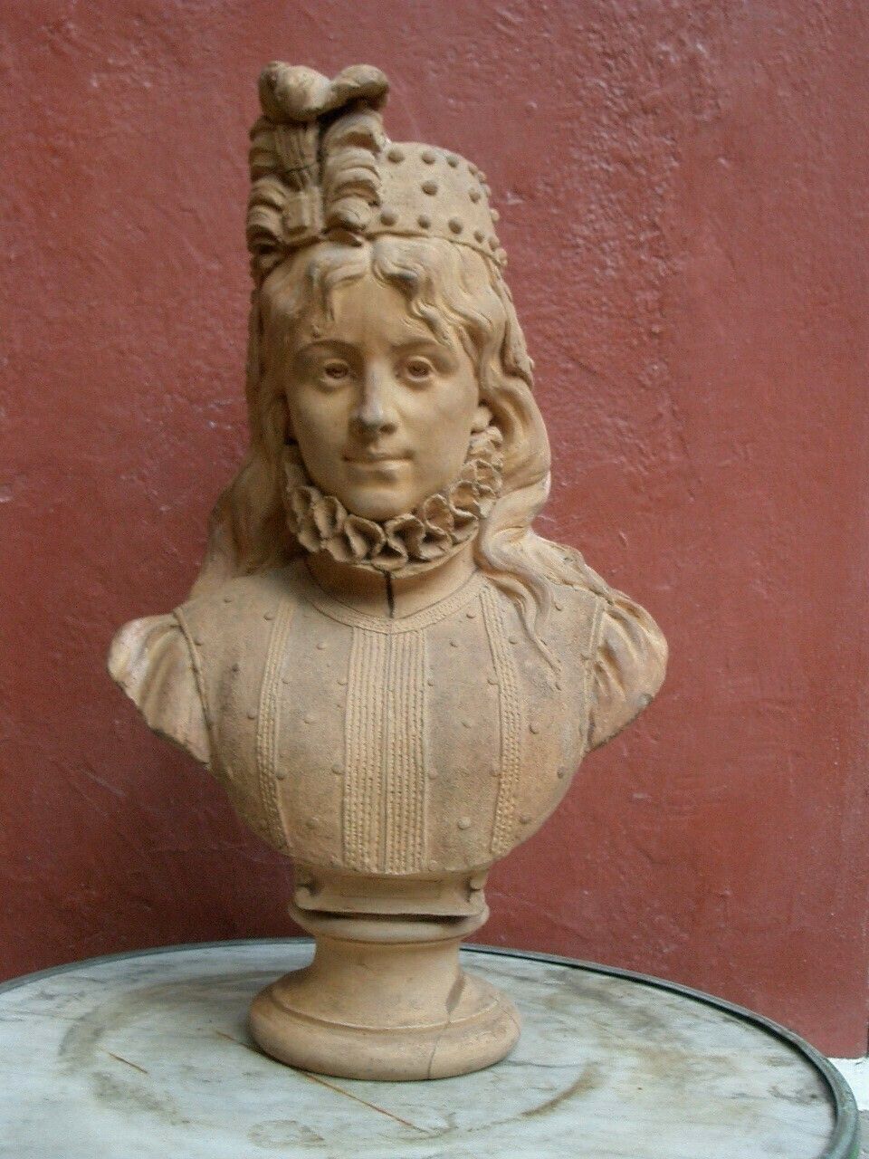 Late 19th C. Signed Terracotta Bust Of Woman In Elizabethan Costume