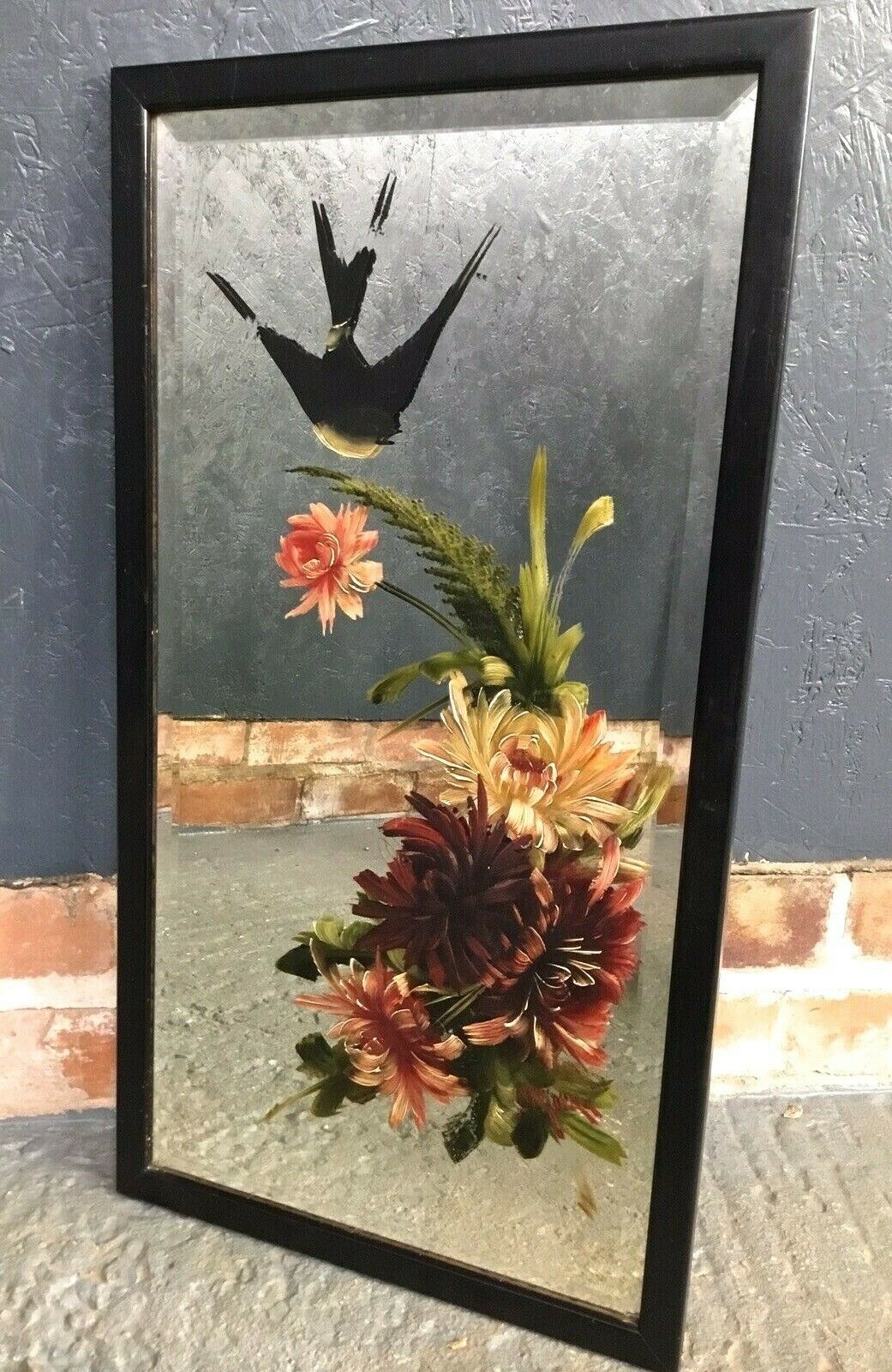 Pair Of Vintage Bevelled & Painted Pub Mirrors In Ebonised Frames photo for sale