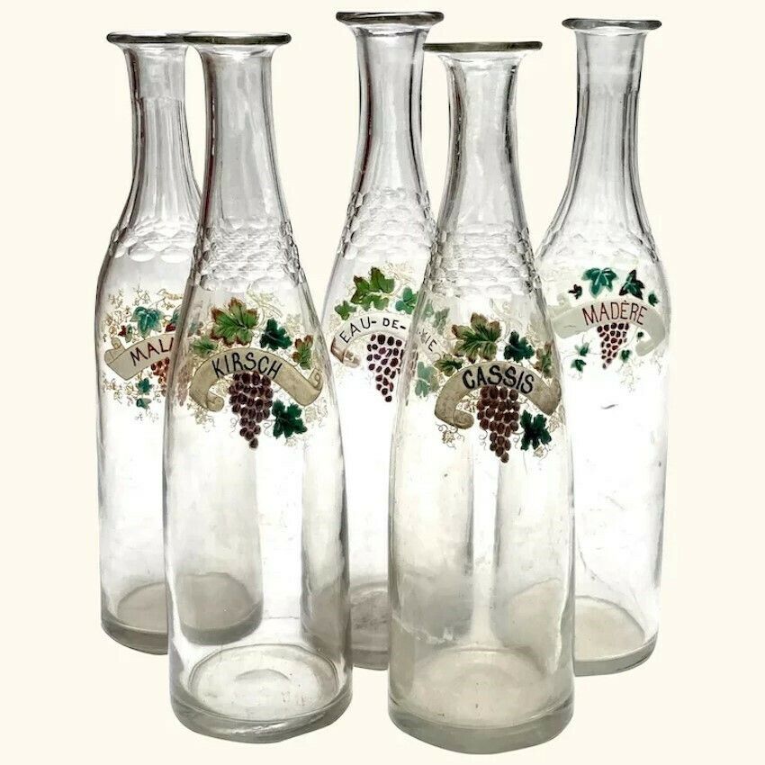 Set Of 5 Vintage Restaurant Decanters With Handpainted Labels From France