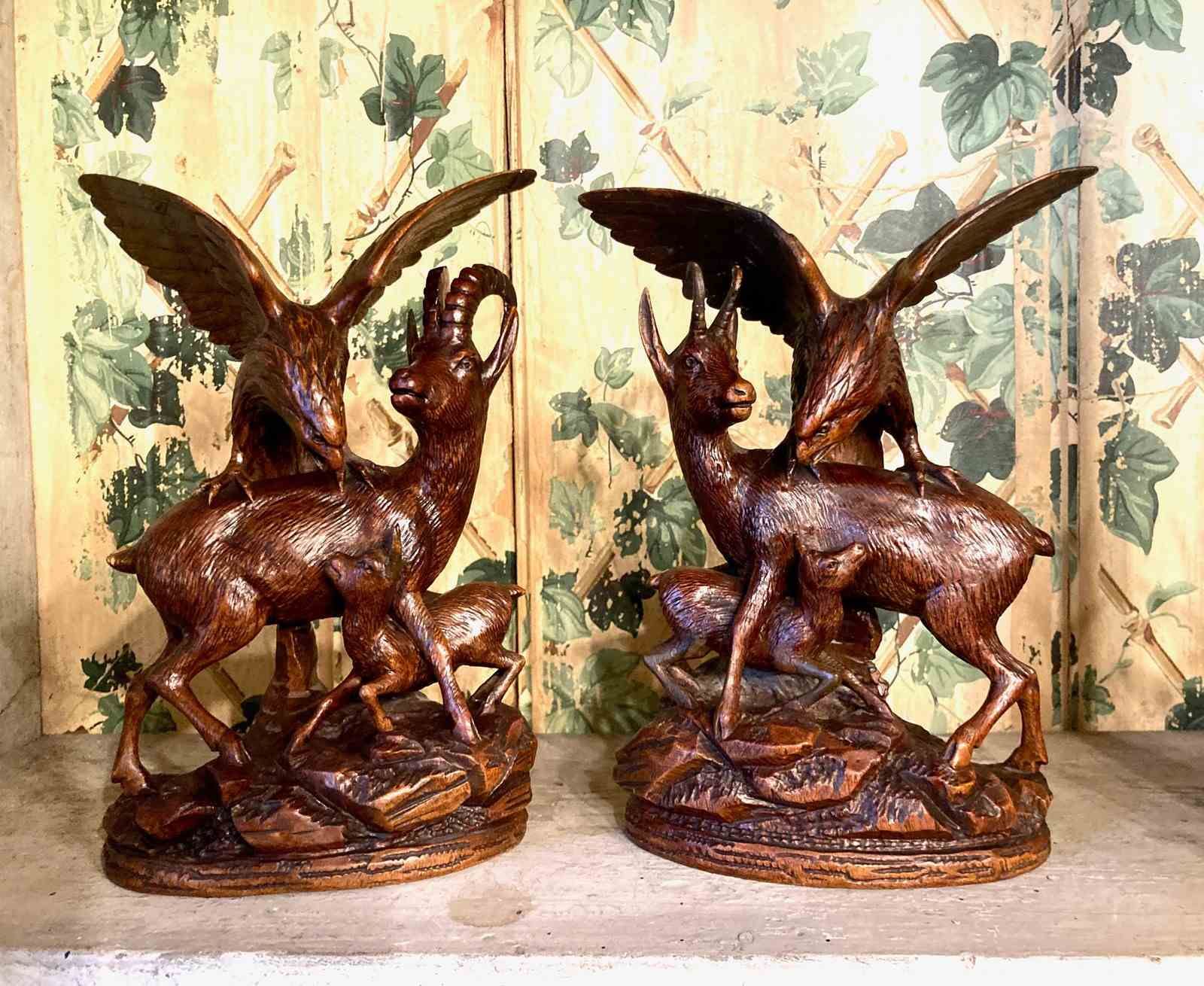 Pair Of Black Forest Carvings Of Stags Fawns & Eagles C. 1900 photo for sale