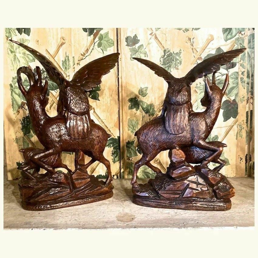 Pair Of Black Forest Carvings Of Stags Fawns & Eagles C. 1900 photo Art