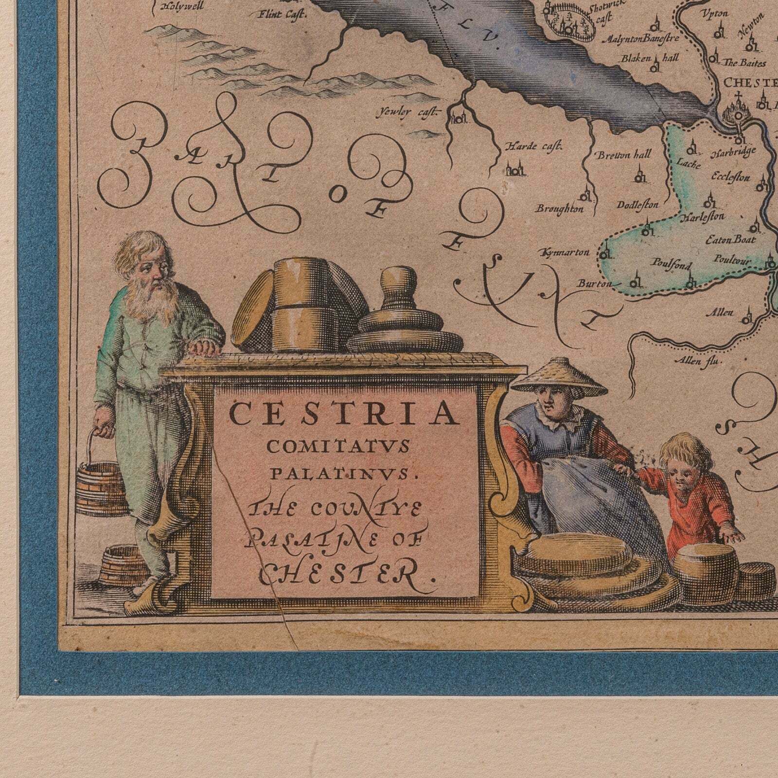 Antique County Map Of Cheshire, Dutch, Framed, Cartography, Janssonius, C.1660 photo vinterior