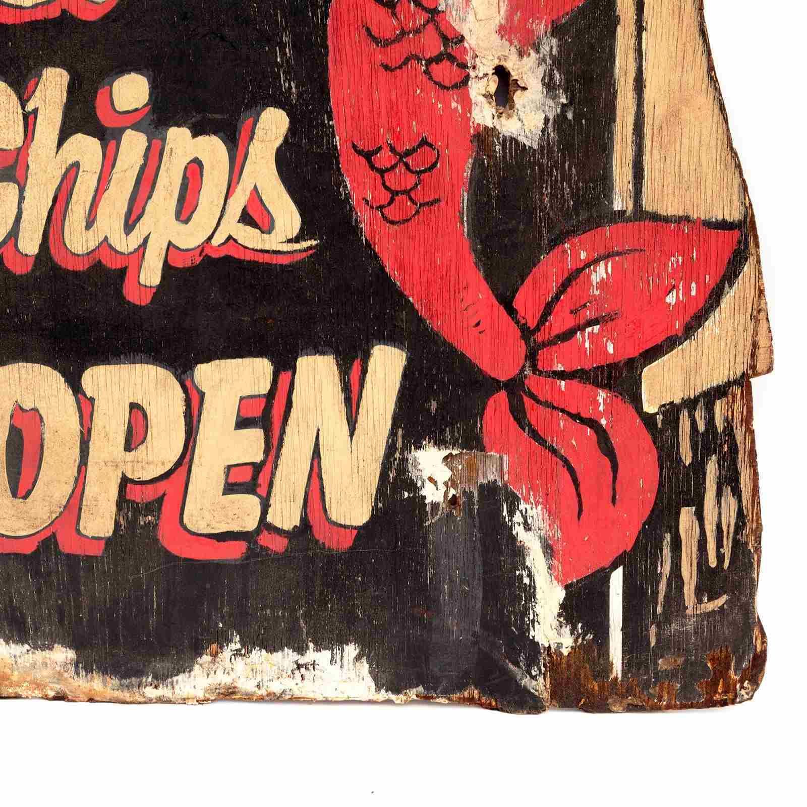 Double Sided Painted Plywood Sign 'Fish & Chips Open'   Fisherman & Giant Cod photo Home Decor