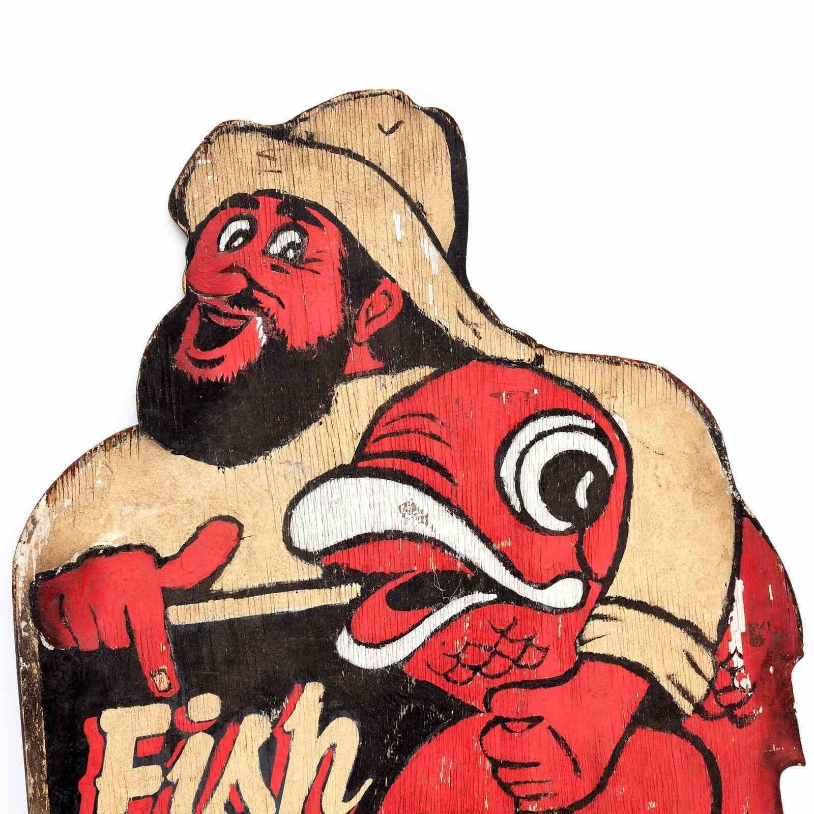 Double Sided Painted Plywood Sign 'Fish & Chips Open'   Fisherman & Giant Cod photo 420.0