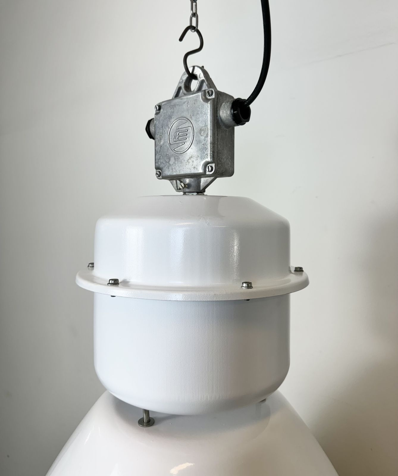 Large White Enamel Industrial Factory Lamp With Glass Cover, 1990s, 3x photo Lighting
