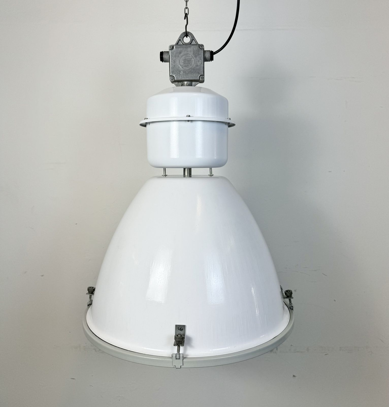 199.0 Large White Enamel Industrial Factory Lamp With Glass Cover, 1990s, 3x photo