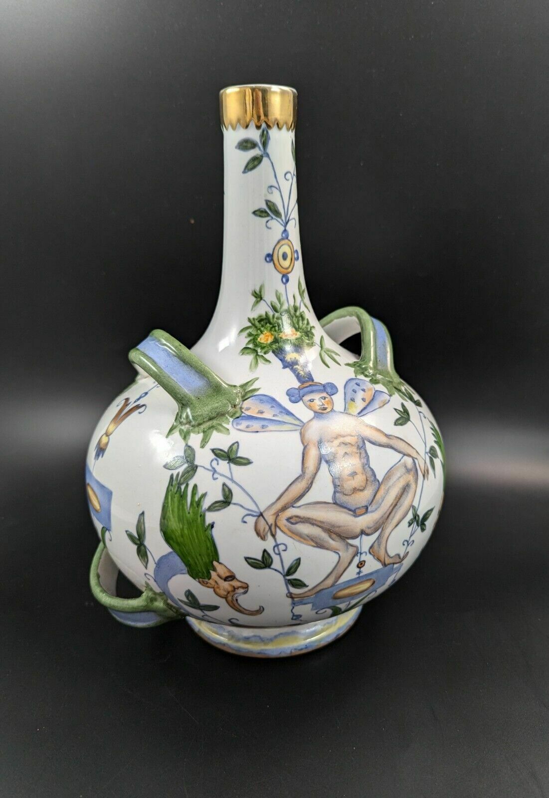 Antique French Armonial Double Handled Faience Flask, 19th Century photo vintage