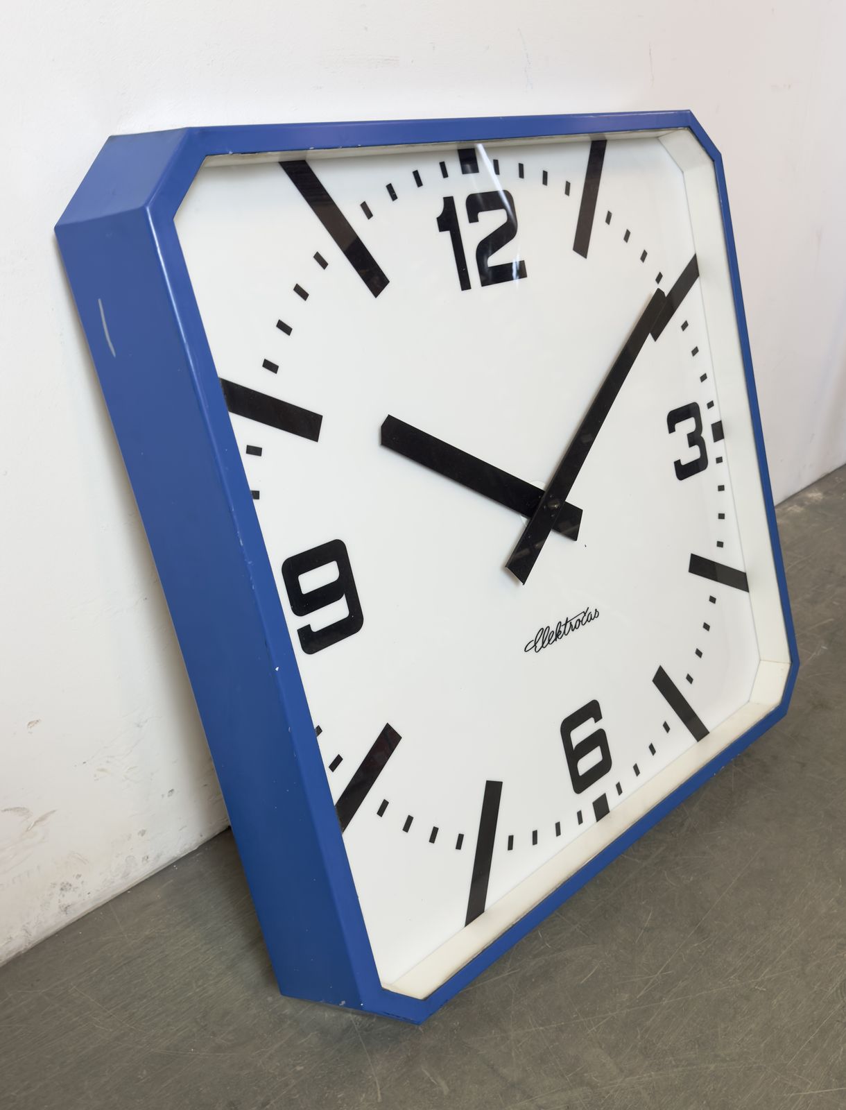 photo vinterior Huge Blue Square Industrial Wall Clock From Elektročas, 1990s