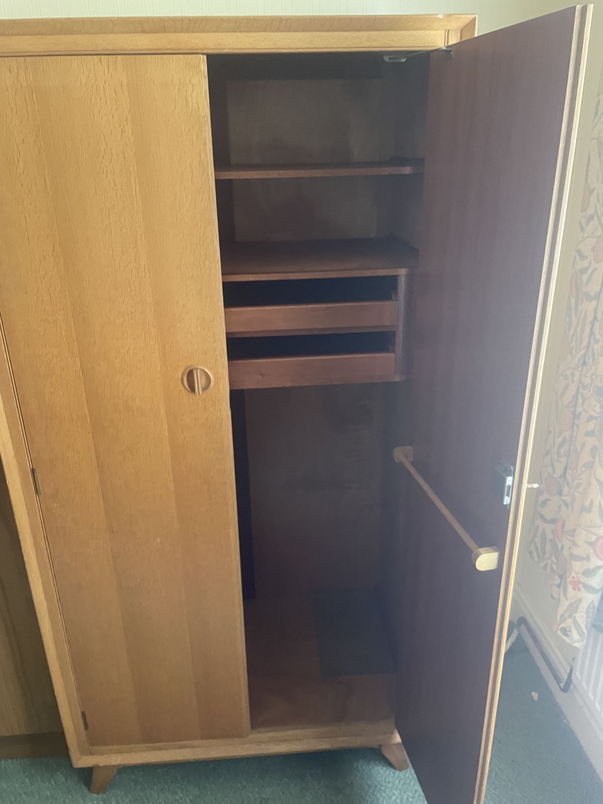 Mid Century White And Newton Gentleman’s Oak Wardrobe With Built In Shelves And Drawers. photo buy