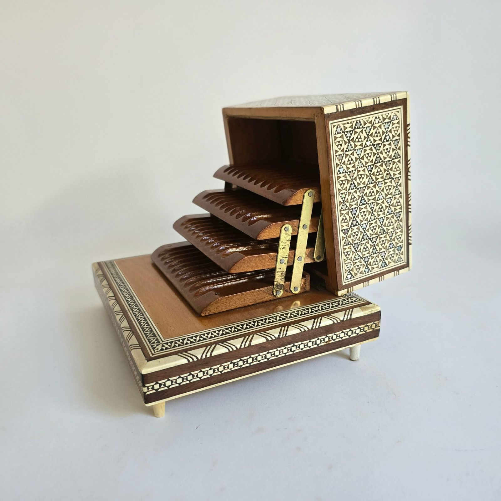 Vintage Antique Cigarette Box With Beautiful Mother Of Pearl And Brass Inlay photo vinterior