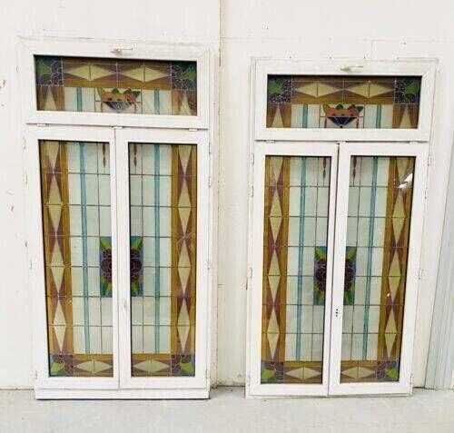 Pair Of Two Leaf Windows In 20th Century Art Deco Stained Glass photo for sale