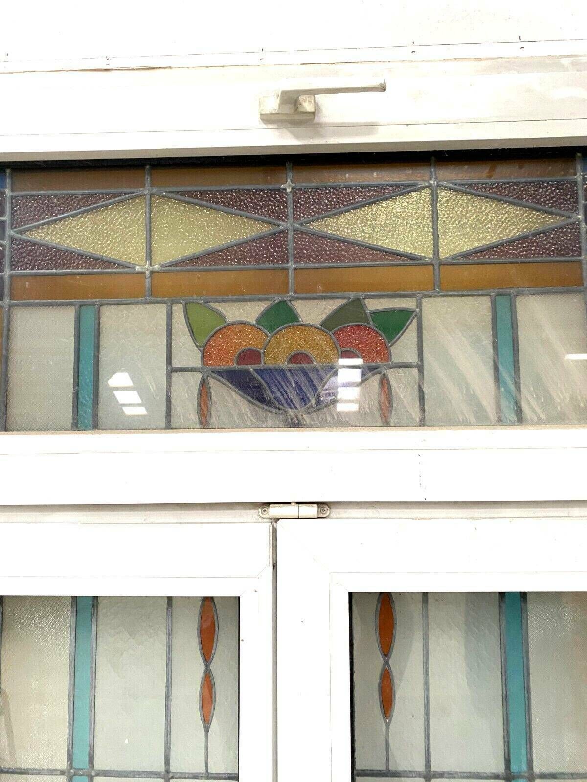 Pair Of Two Leaf Windows In 20th Century Art Deco Stained Glass photo vintage
