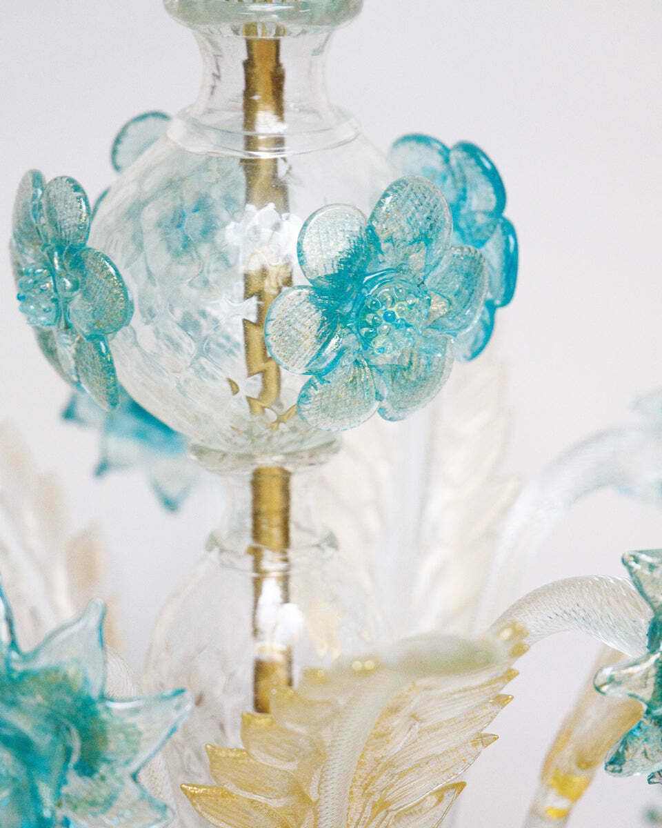 Vintage Venetian Murano Glass 6 Light Chandelier In White And Blue photo for sale