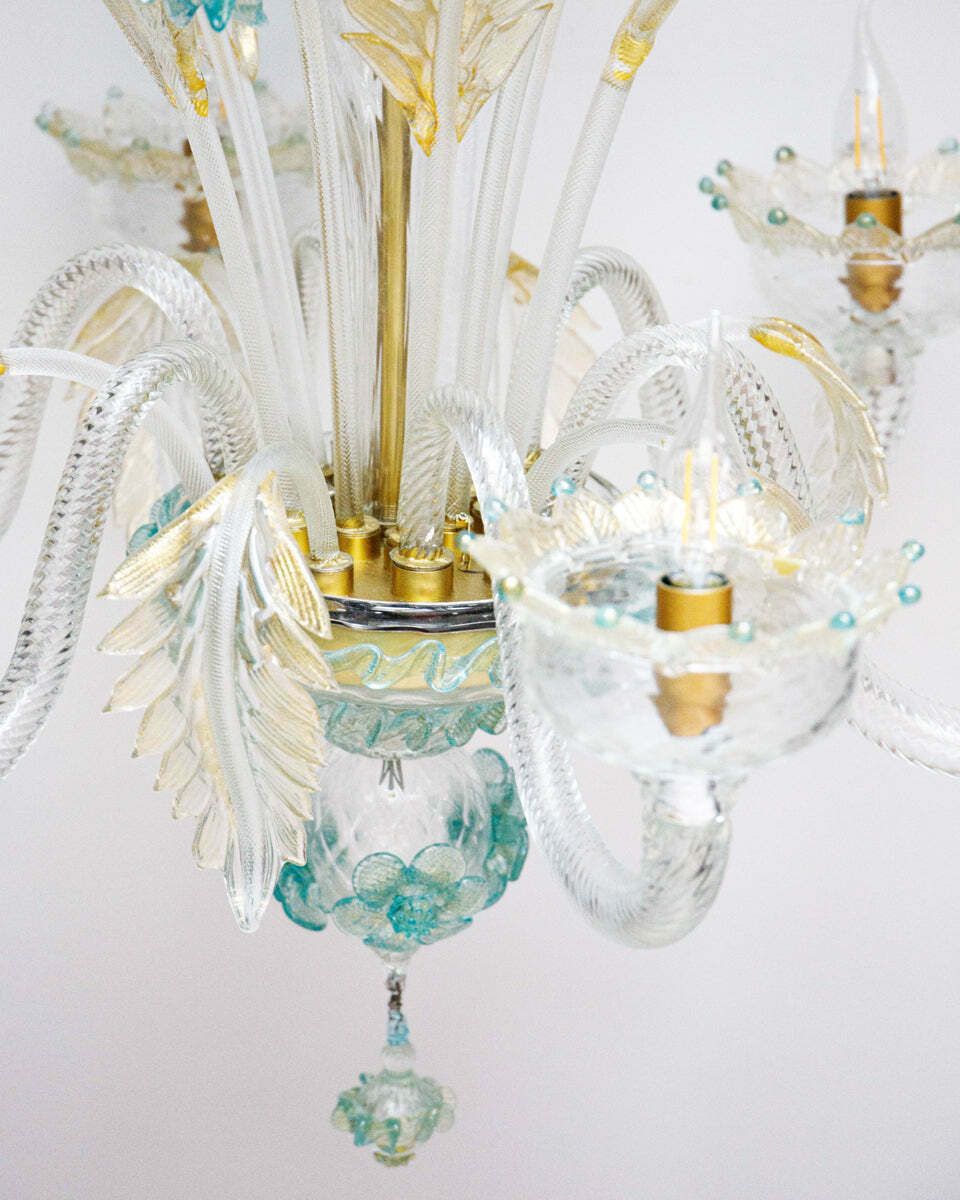 Vintage Venetian Murano Glass 6 Light Chandelier In White And Blue photo vintage