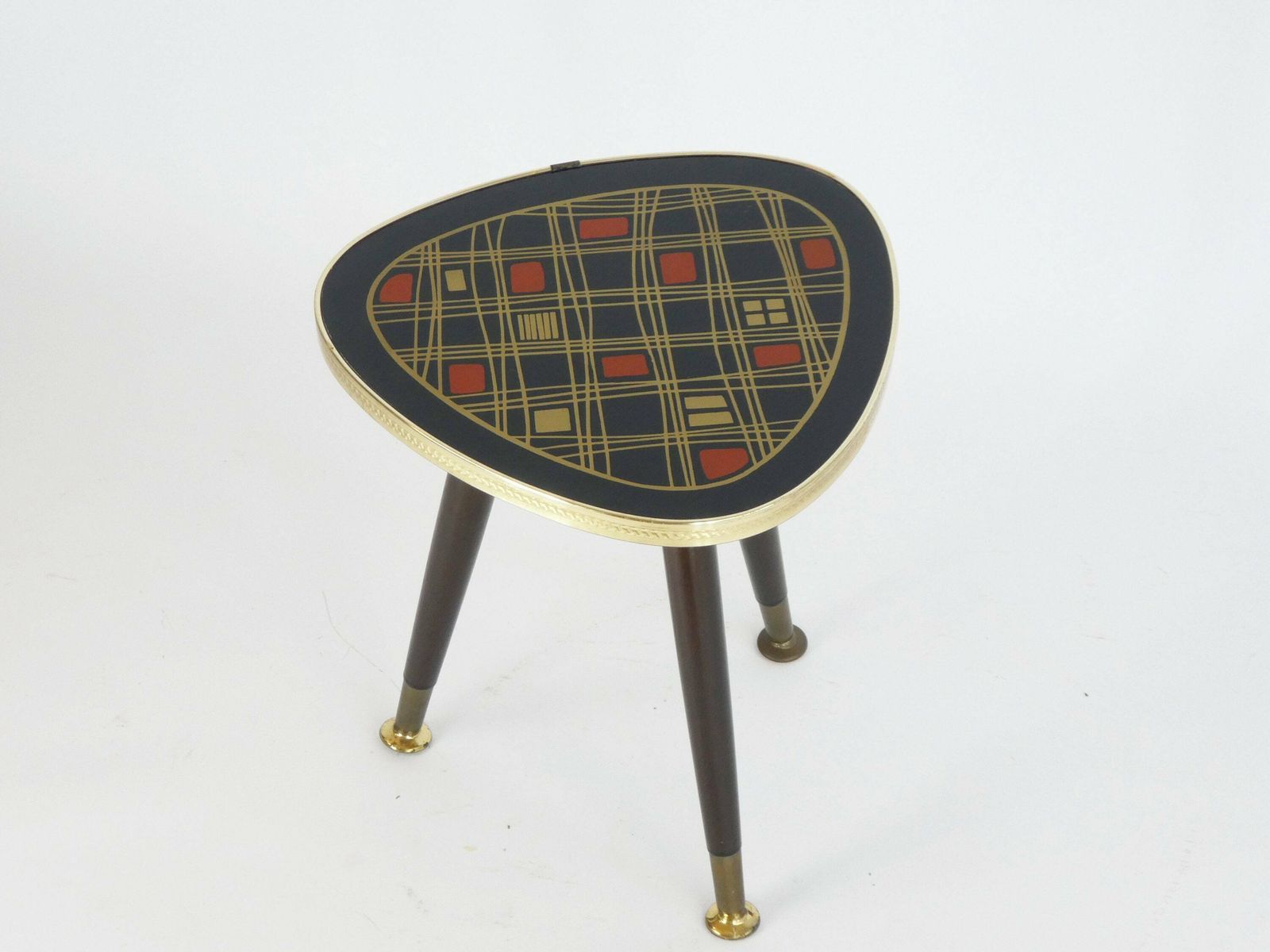 Mid Century Red, Gold & Black 60’s Kidney Plant Stand With Glass Top, Rare Formica Colourful Vintage Plant Table With Brass, Cute Tripod photo furniture