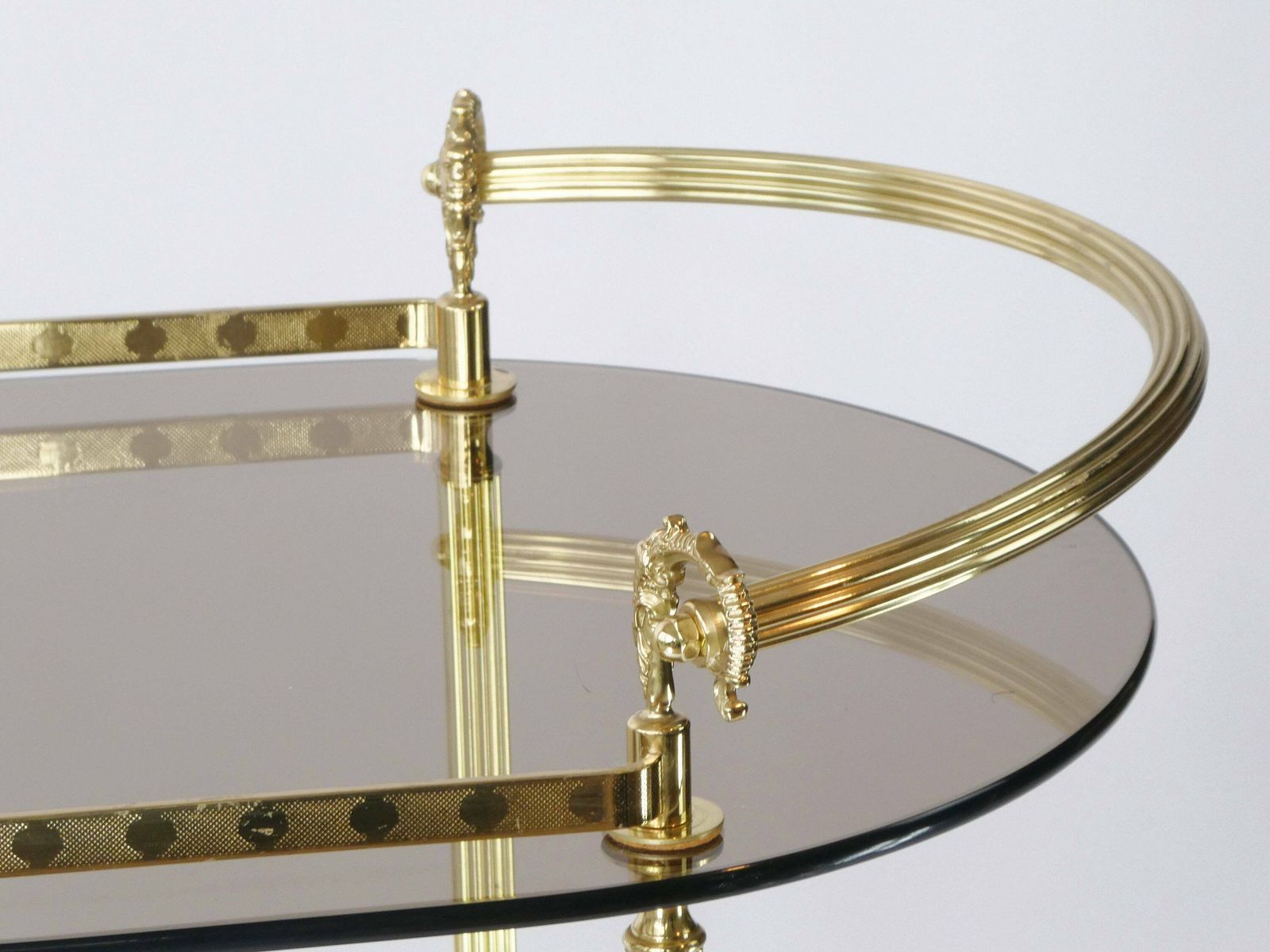 Vintage Unique Neoclassical Oval Brass Bar Cart, 1960's Ornate Trolley With Smoked Glass, Hollywood Regency Cocktail Cart, Tea Cart photo Furniture