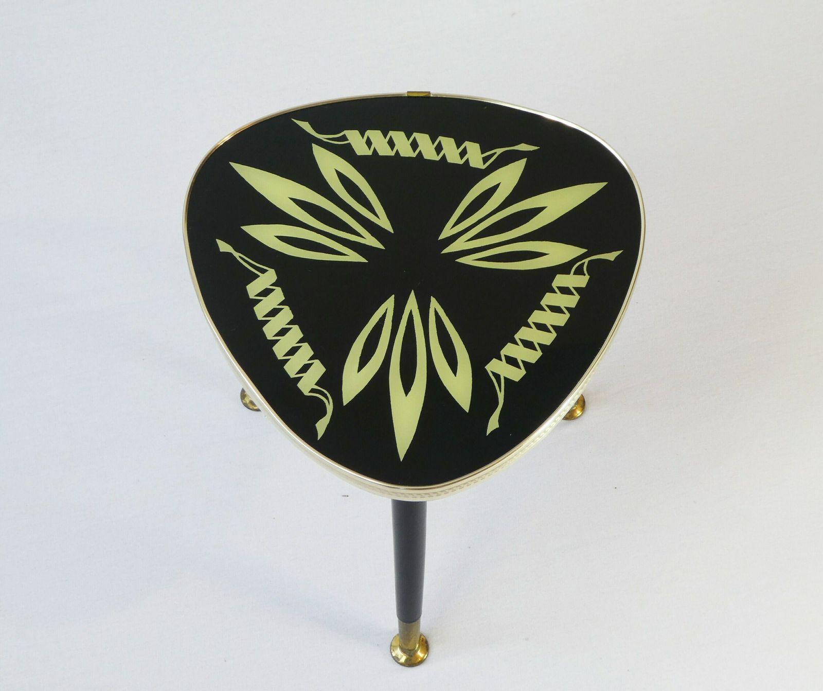 Original Mid Century Space Age Vintage Glass Plant Stand, 60's Tripod Kidney Side Table With Abstract Design photo furniture