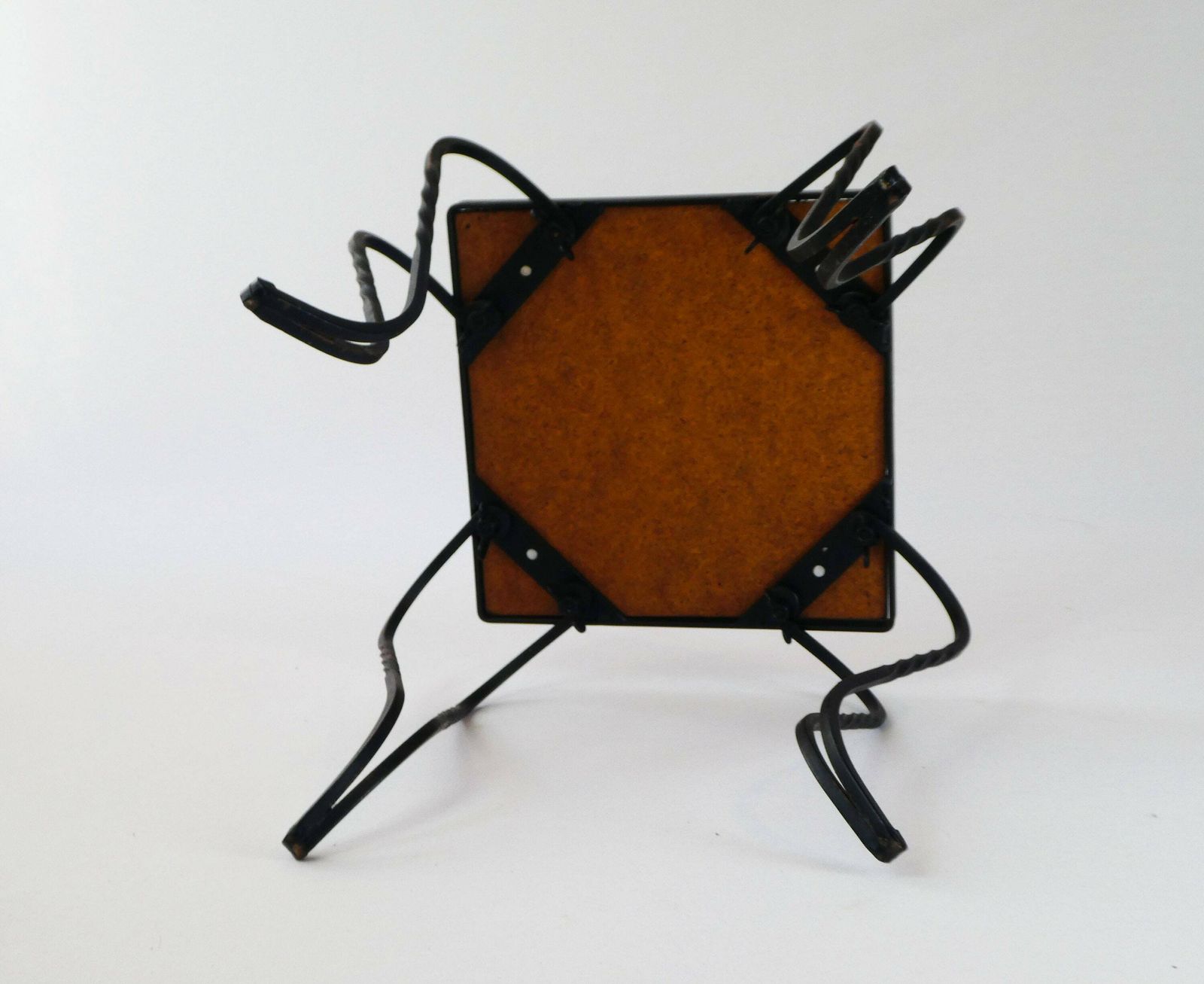 Mid Century Metal Small Square Plant Stand With Red Lava Ceramic Tiles, Vintage West Germany Iron Side Table photo vinterior