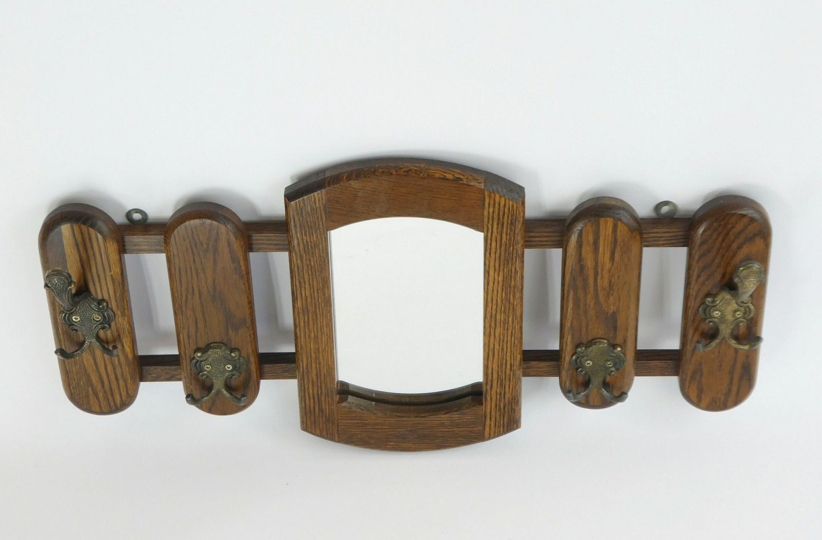 Vintage Dutch Wooden Wall Rack With Mirror And Brass Hooks, Wooden Wall Mount Rack, Oak Wall Hanging photo furniture