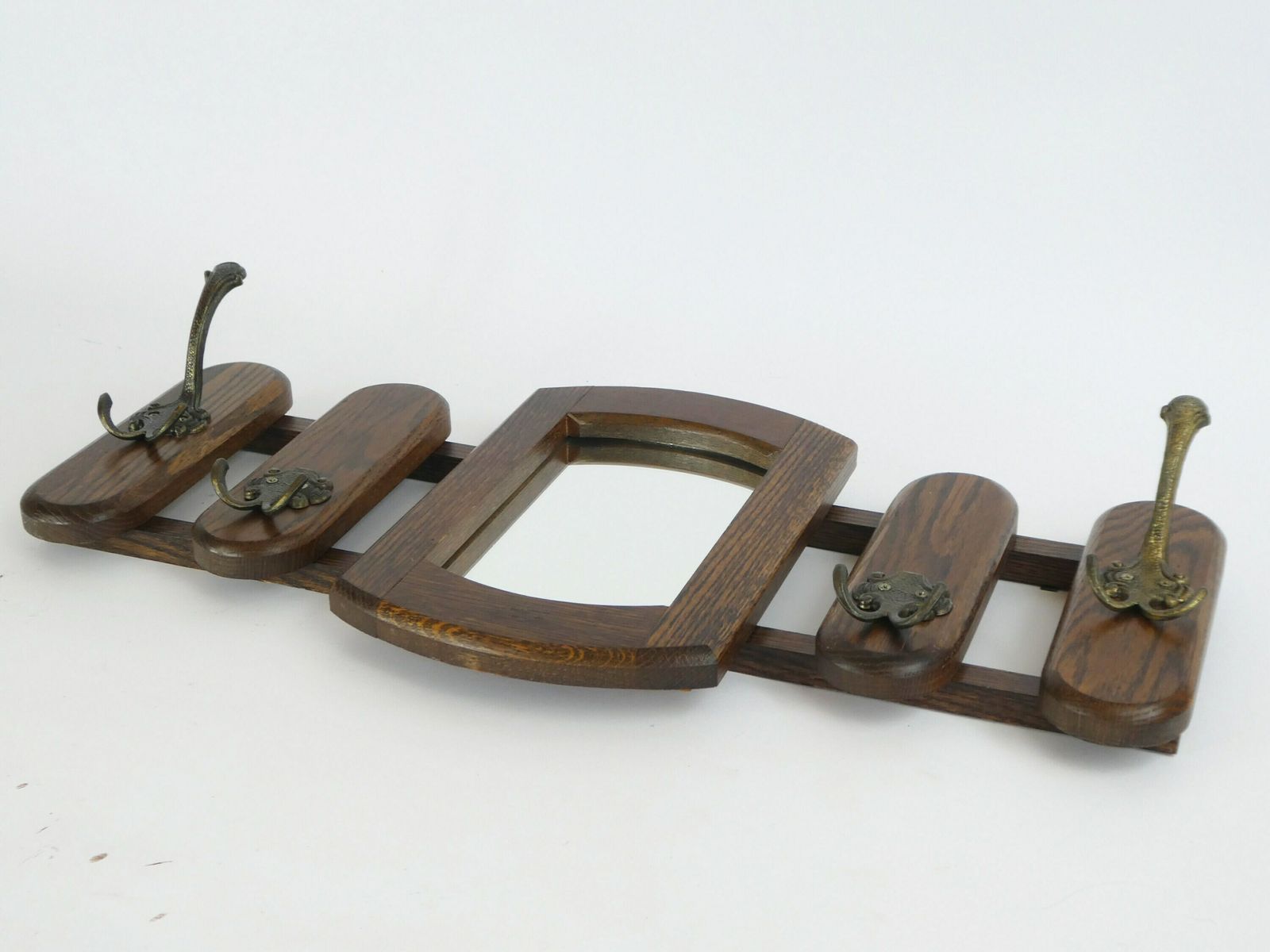 Vintage Dutch Wooden Wall Rack With Mirror And Brass Hooks, Wooden Wall Mount Rack, Oak Wall Hanging photo 158.0