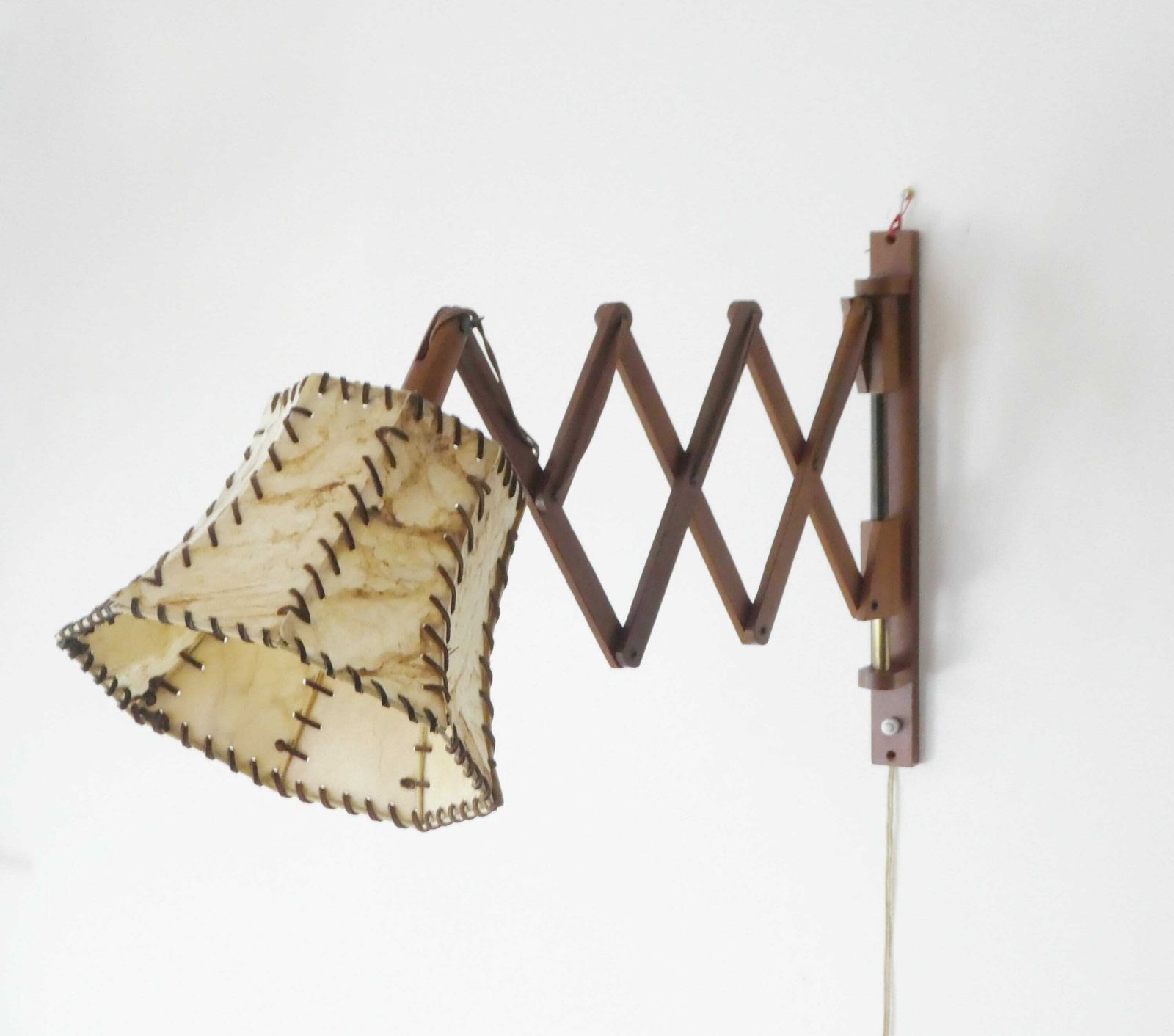 Cute Vintage Wooden Scissor Wall Lamp, Extendable 60s Light With Patched Shade, Accordion Adjustable Lamp With Beige And Brown Fabric Shade photo 184.0