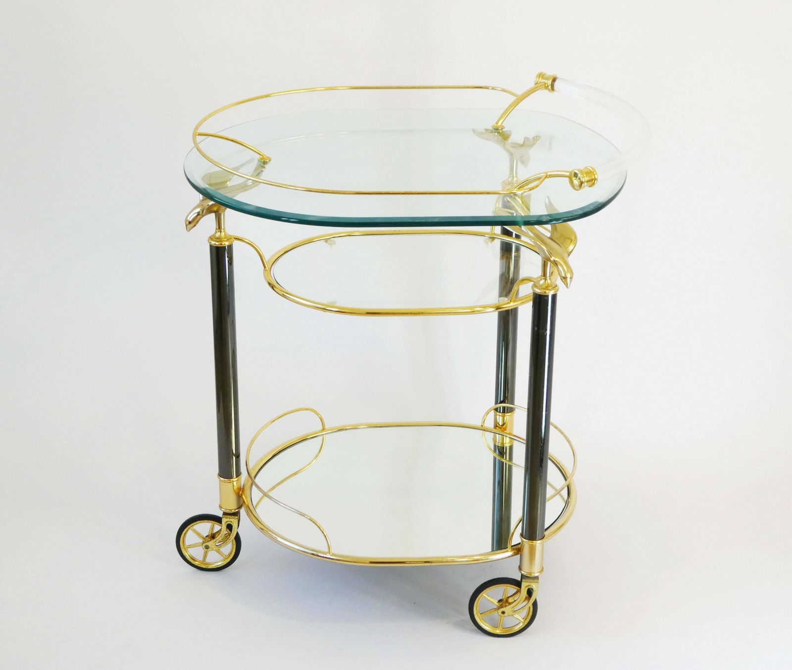 Stunning Italian Bar Cart With Three Tiers And Brass Birds, 70's Unique Trolley With A Mirror Tray And Plexiglass Handle