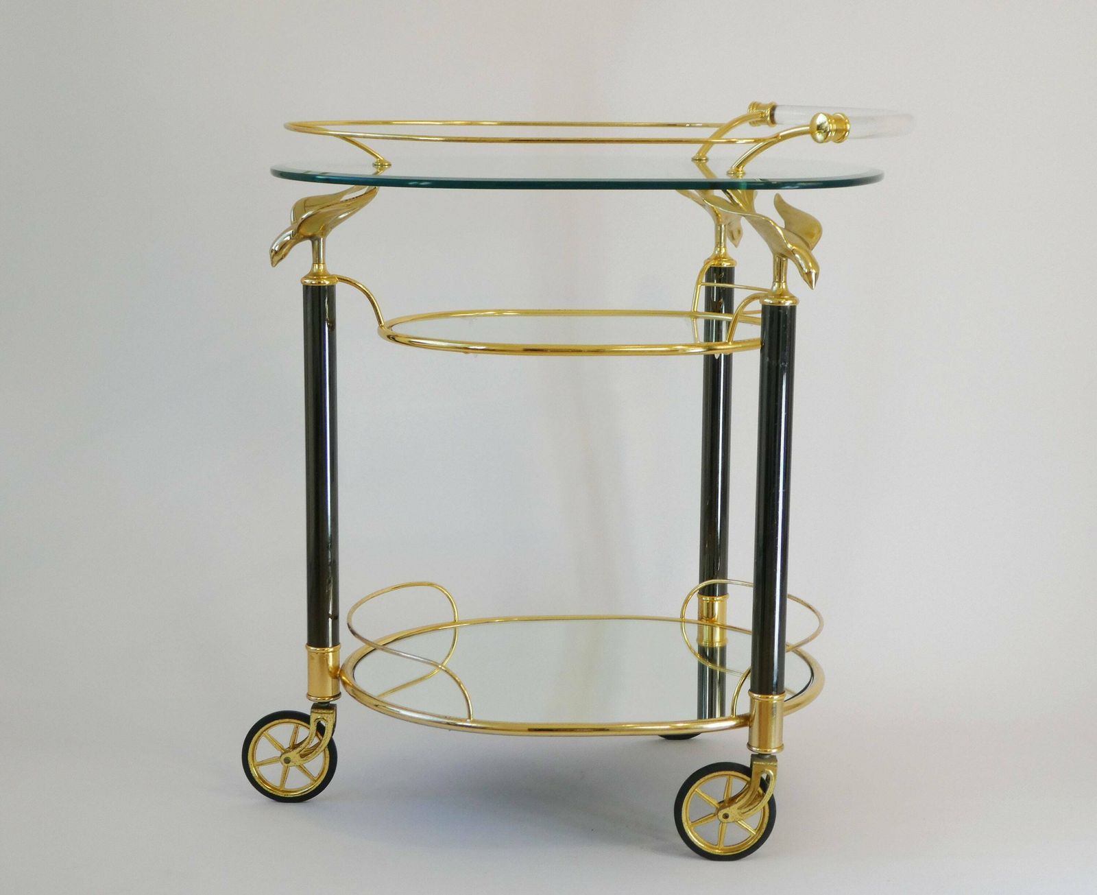 Stunning Italian Bar Cart With Three Tiers And Brass Birds, 70's Unique Trolley With A Mirror Tray And Plexiglass Handle photo furniture