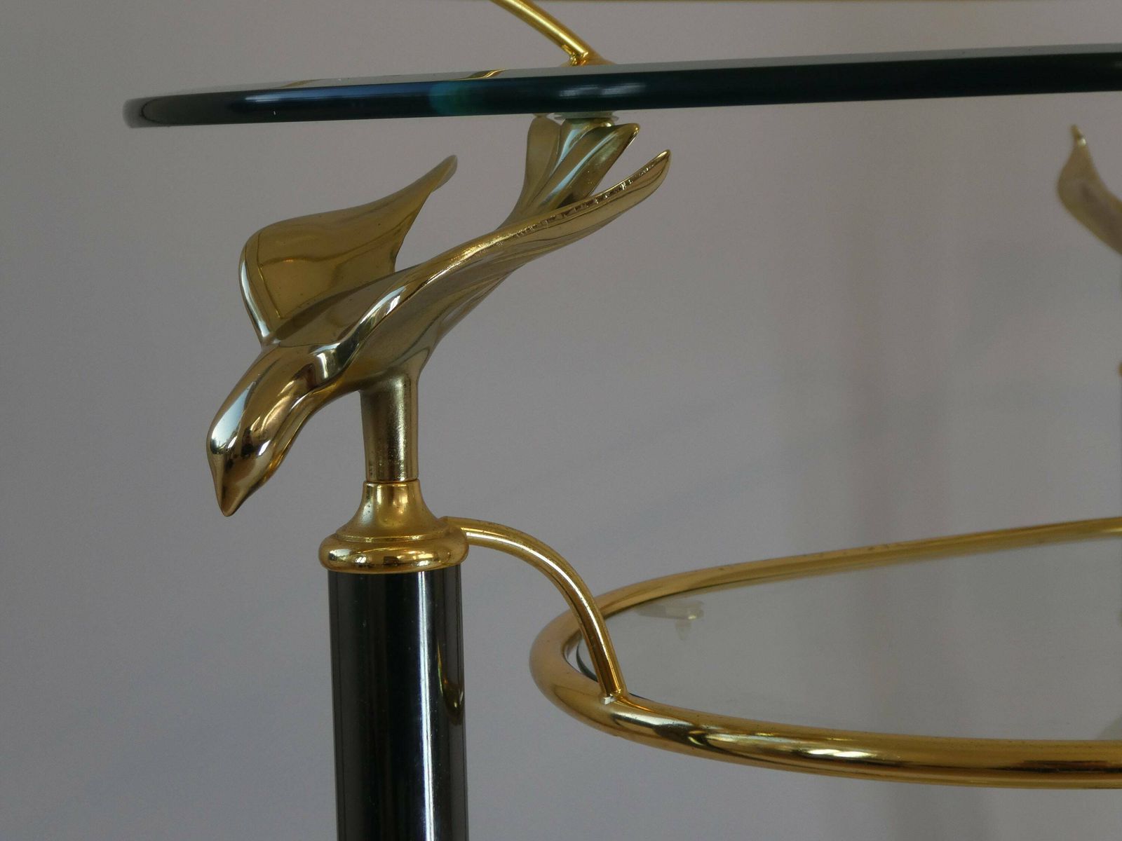 Stunning Italian Bar Cart With Three Tiers And Brass Birds, 70's Unique Trolley With A Mirror Tray And Plexiglass Handle photo for sale