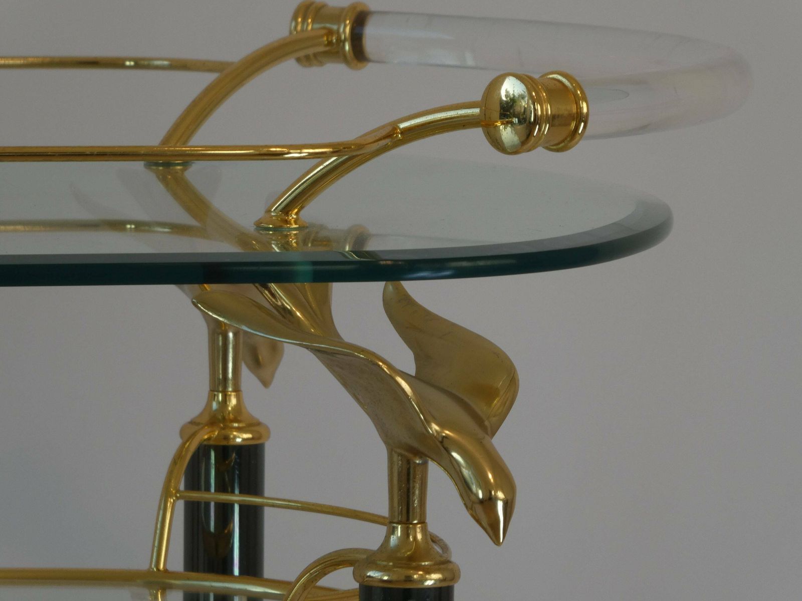 Stunning Italian Bar Cart With Three Tiers And Brass Birds, 70's Unique Trolley With A Mirror Tray And Plexiglass Handle photo 1186.0