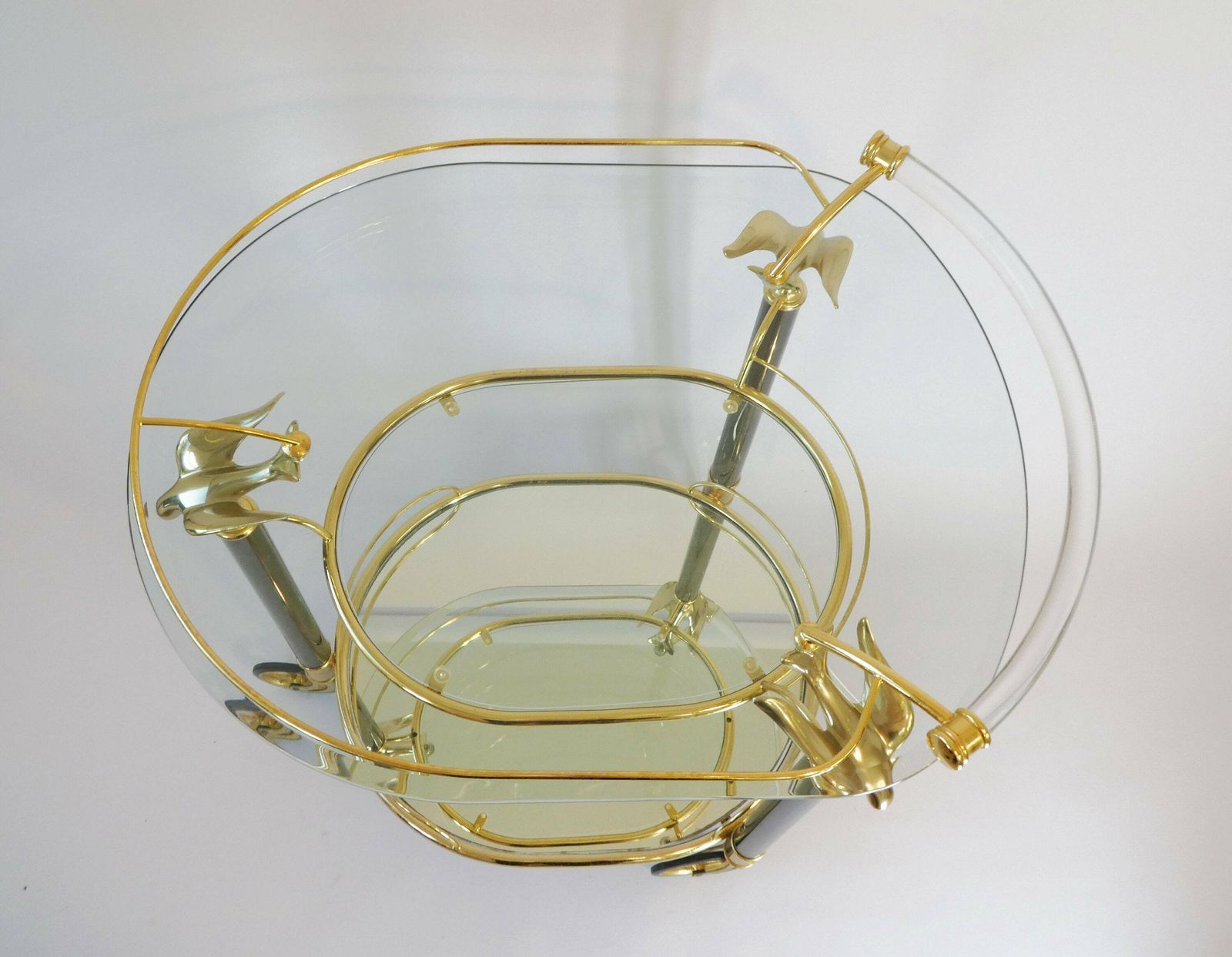Stunning Italian Bar Cart With Three Tiers And Brass Birds, 70's Unique Trolley With A Mirror Tray And Plexiglass Handle photo buy