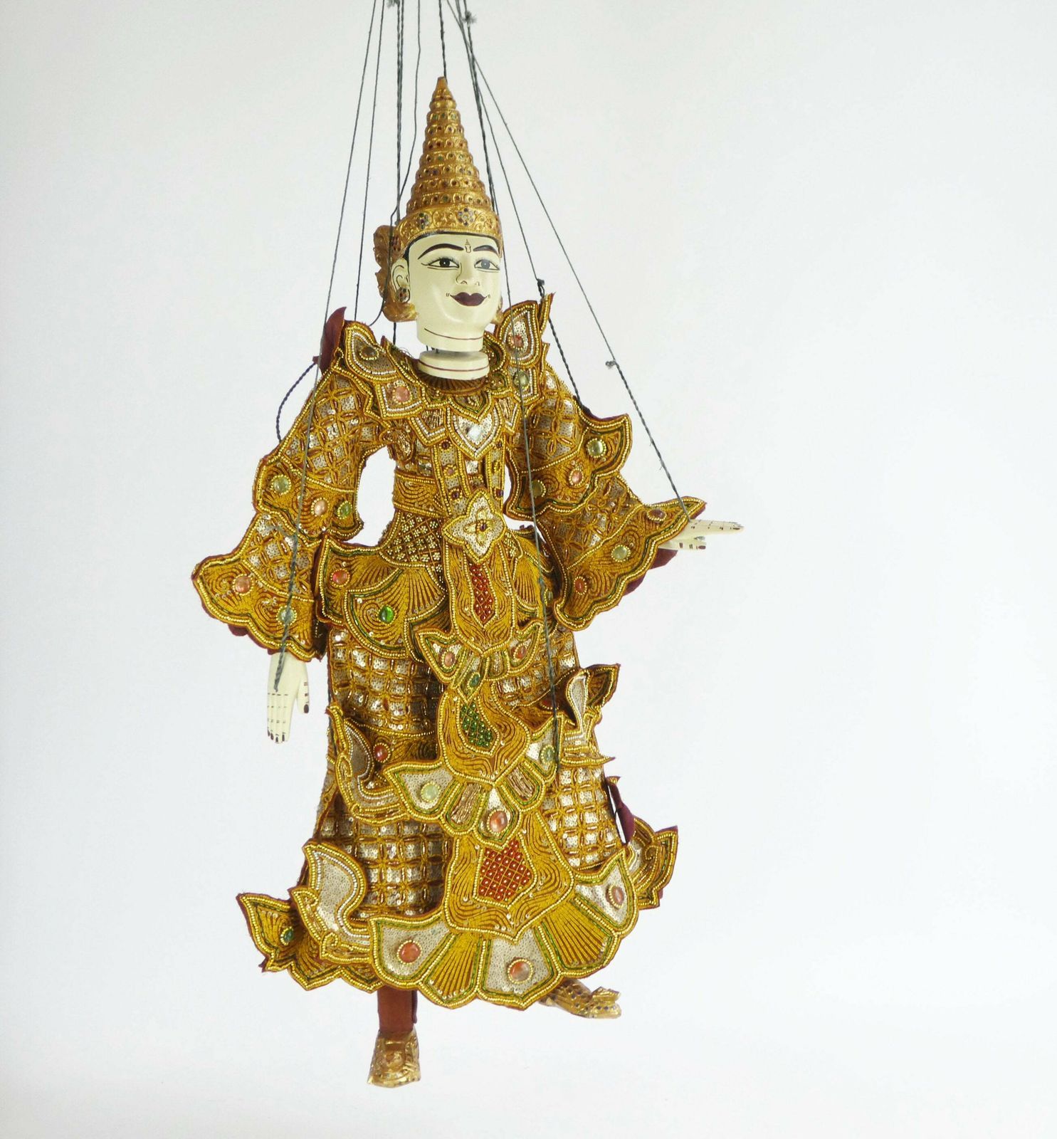 photo furniture Large Handcrafted Vintage Asian Puppet With Stunning Clothing With Beads And Sequins, Large Burmese Marionette 39”