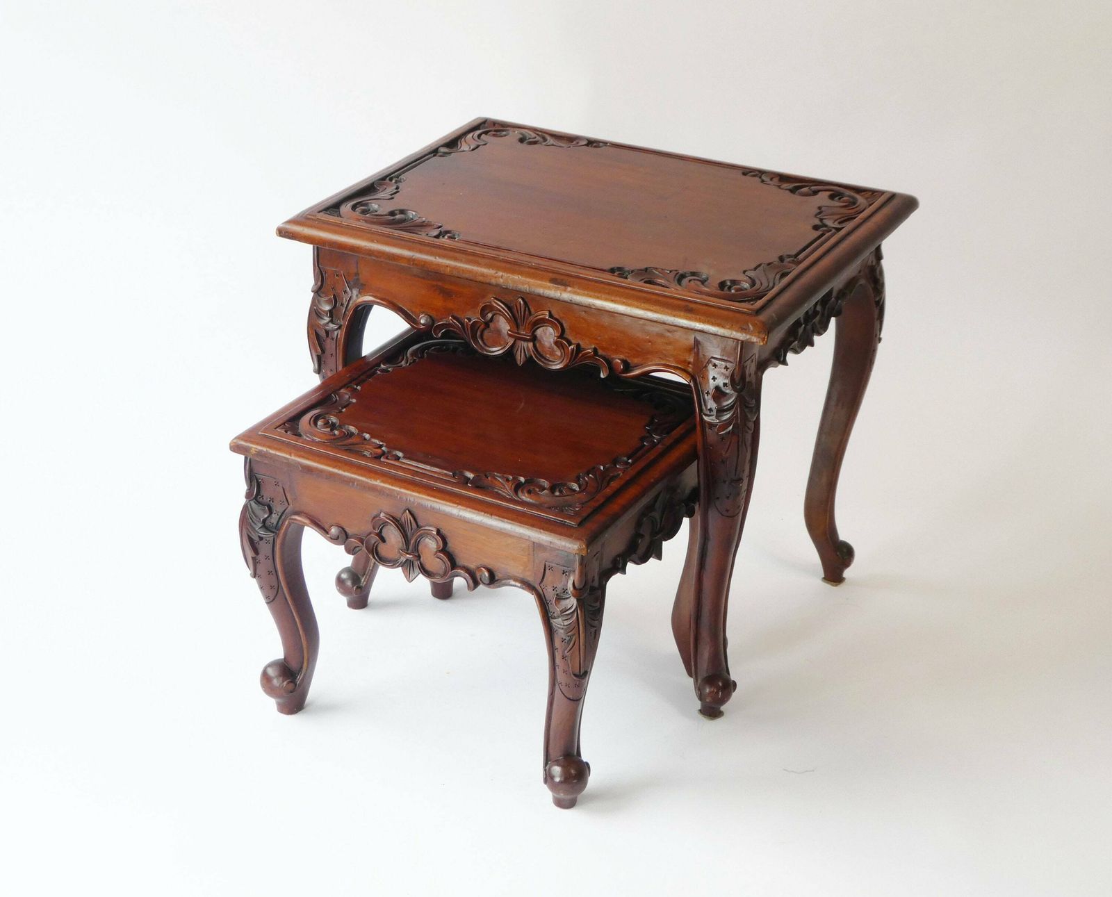 Vintage Asian Carved Wooden Nesting Tables, Chinese Side Tables With Floral Design